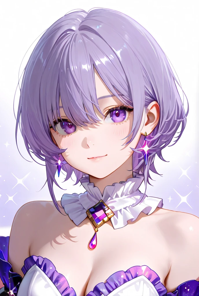 ((shylily)).masterpiece,best quality, insanely detailed, beautiful, exquisite, 16K, Full-HD, absurdres,whitebackground,((upper body,half body photo)),((smile,Happy:1.5)),((Sparkling fluffy layered ball gown)), (Grasp the hem of your dress and bow slightly),lots of flowers,((Surrounded by roses)),ruffles and rhinestones, ( table top, art station, fantasy art:1.2), Standing with an elegant smile，pastel colour,((giant white fairy wings))、white skin,gradient hair,hair in the wind, wavy hair,fluffy hair,tiara,lavender eyes, long eyelashes, beautiful eyes、light pink cheek,pointy ears, bright pupils,shining light, warm lighting,