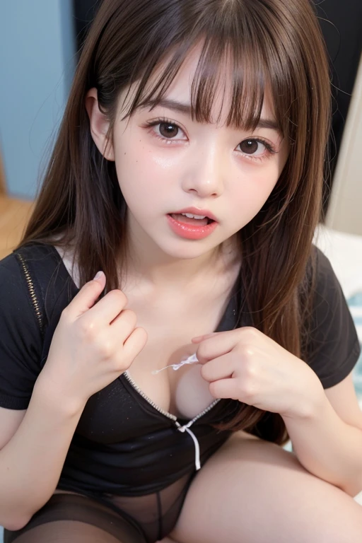 triangle-bikini,(open mouth:1.5),(tongue out:2),Kneeling,Hands between legs,Collar with leash,front view,face focus,from above(1girl,Beautiful 14 year old girl,teenager),((Slender,Small breasts,Small face,)),(looking at viewer),Black Hair,bangs,straight,Beautiful and detailed,President's office
