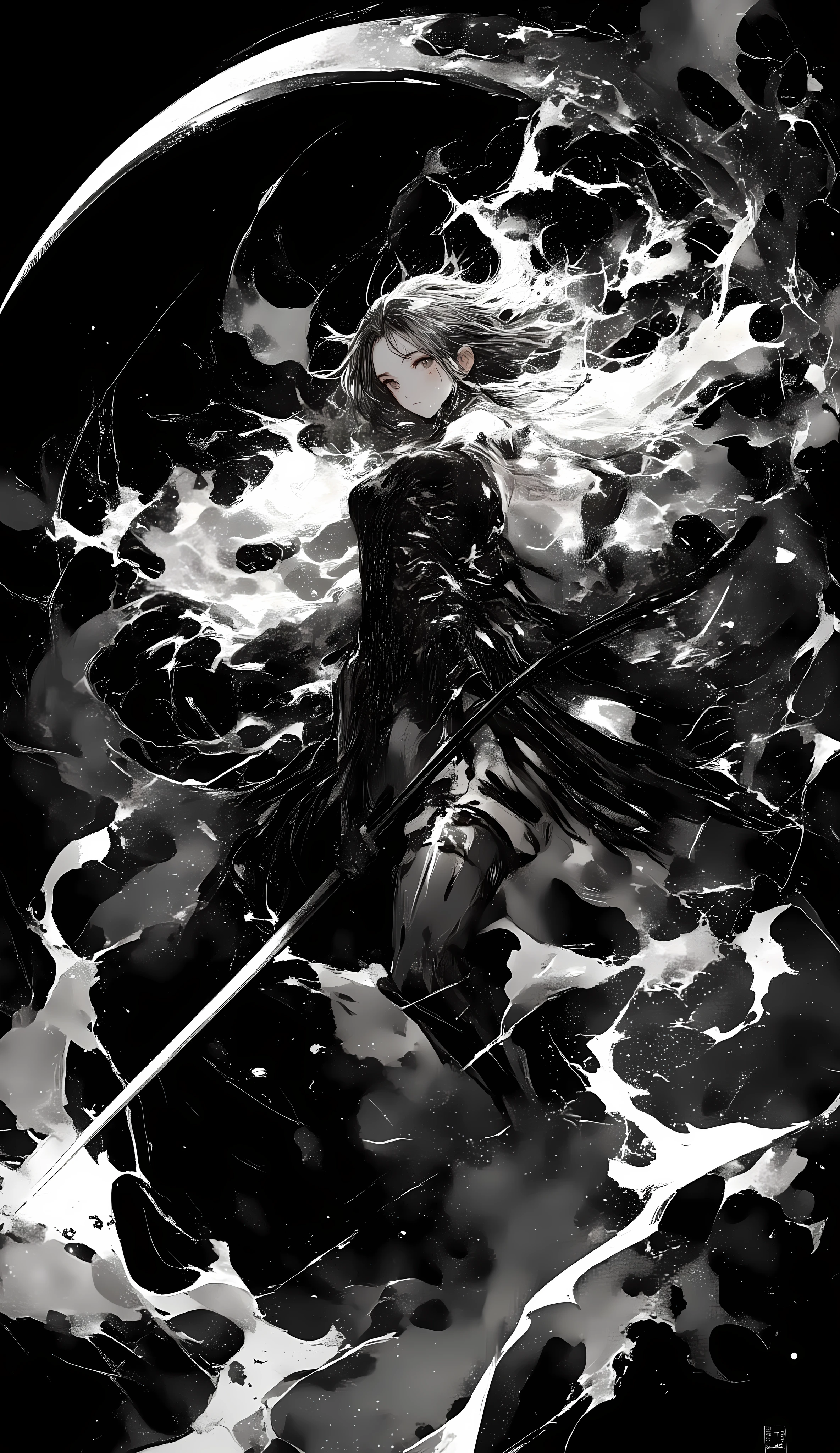 black、black、black、blackい背景に墨絵、blackい線画、High Quality、high image quality、流れるblack、cross hatching、A female adventurer who rips away a large scythe、motion blur