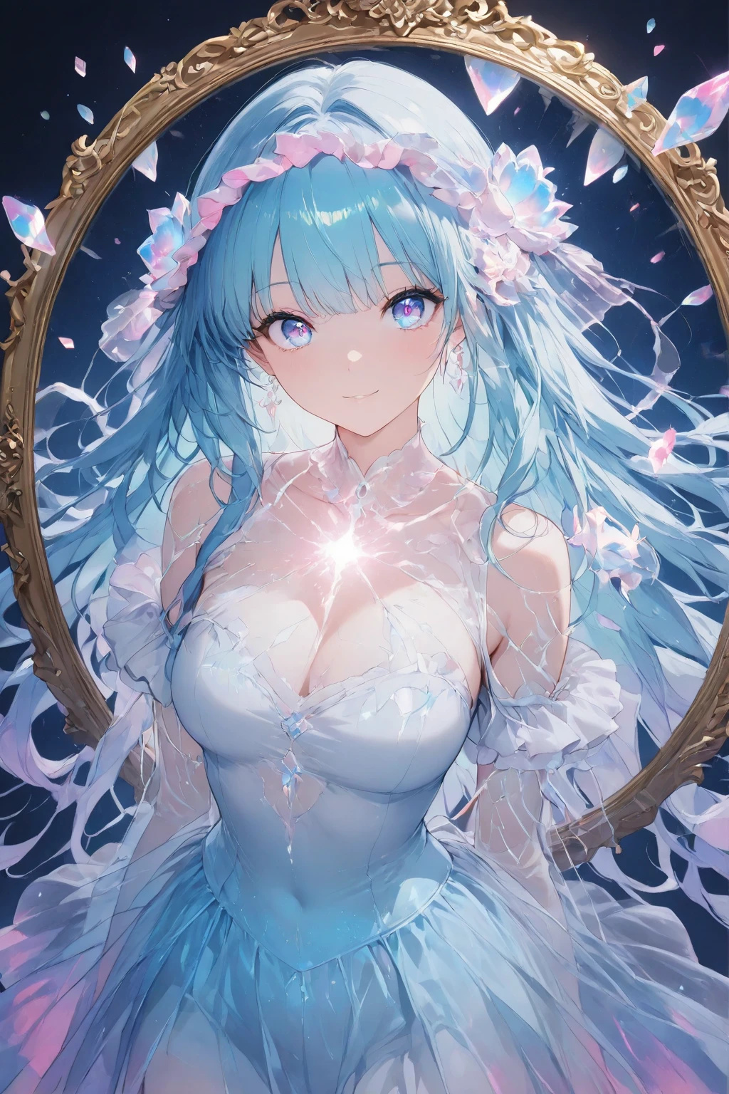 1girl, Floral motifs, luminous skin, enchanting gaze, embellished attire, natural lighting, shallow depth of field, romantic setting, dreamy pastel palette, whimsical details, captured on film,Smile 