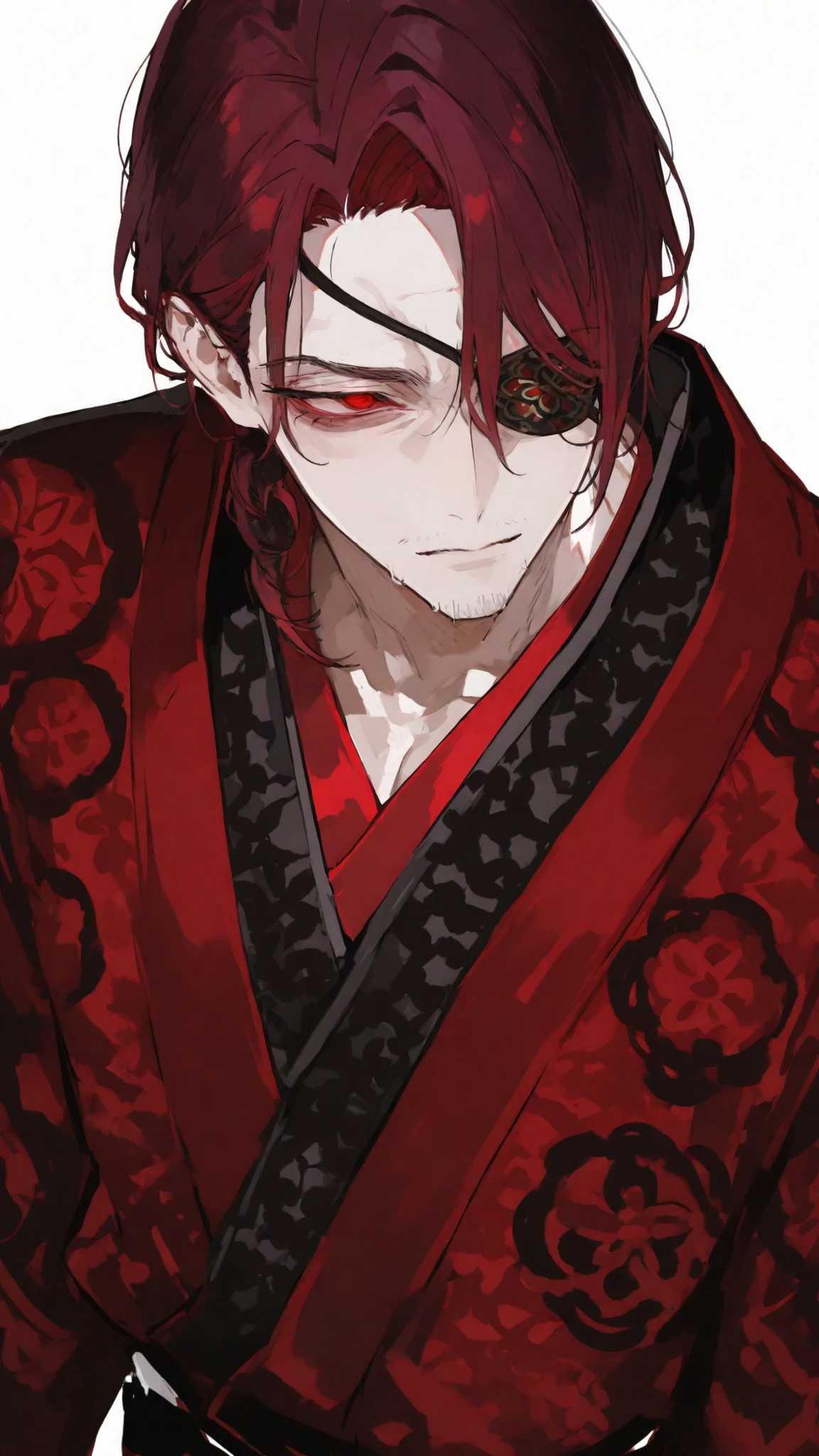 uncle,dark red hair,red-eyed,Patterned black kimono, stubble short, white background,standing,Slender Hair,slim,Upper Body Shape,skin eye patch,