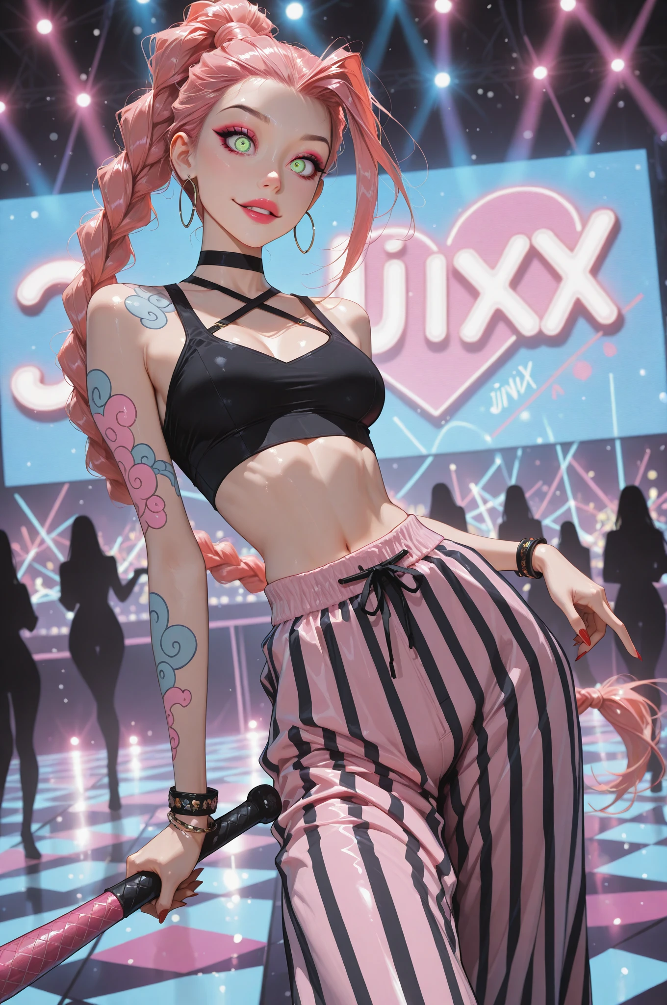 Masterpiece, best quality, nishikino maki, red hair, purple eyes,cowboy shot,solo ,gothic make up ,crop top, ((colossal )), denim shorts, choker, (graffiti:1.5), paint splatter, arms behind back, against wall, looking away, armband, thigh strap, paint on body, head tilt, bored, headset, fishnet pantyhose , castlevania style , straps , make up, on stomach , blushing , love live style , on wall