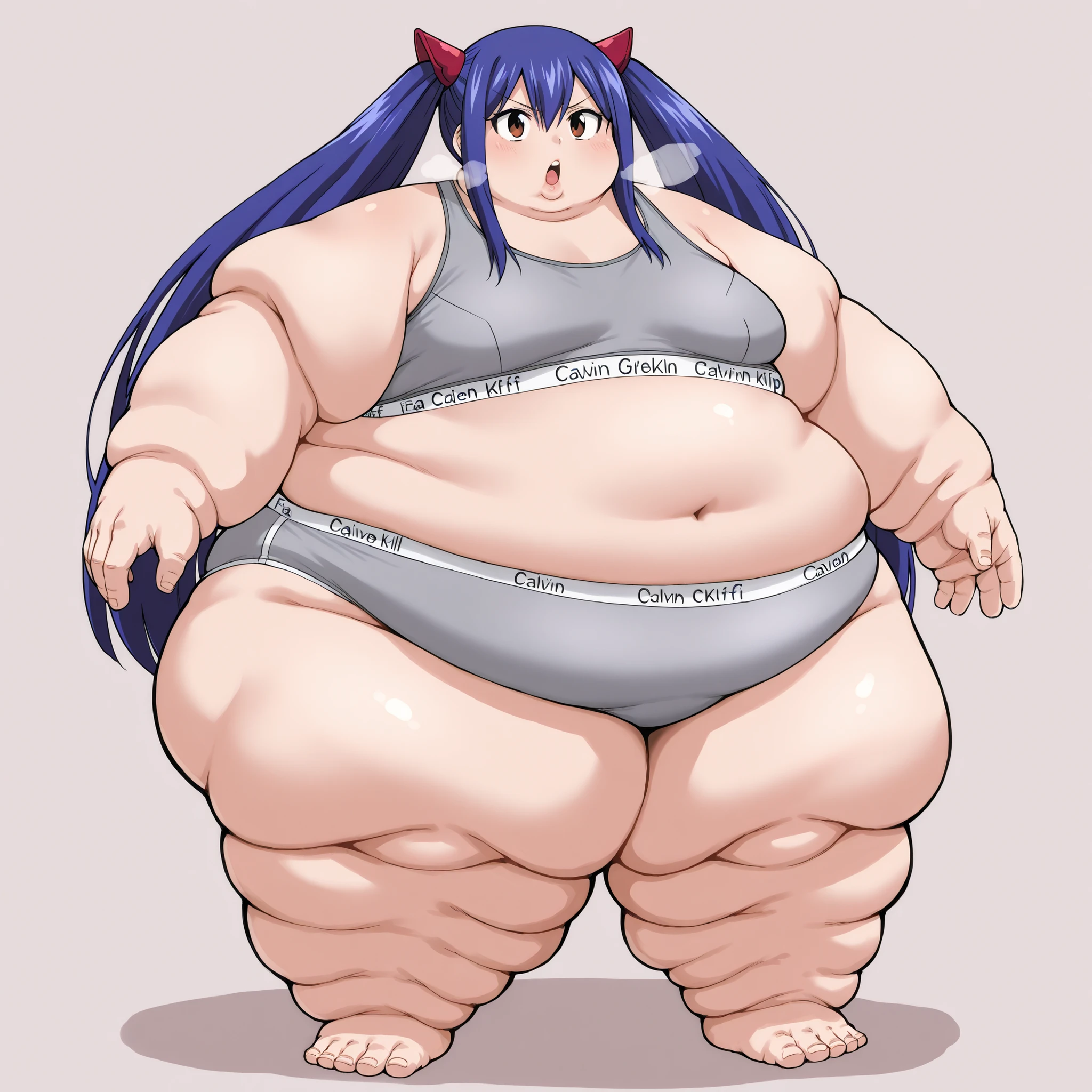wendy marvell, long hair, hair ornament, ribbon, hair between eyes, twintails, brown eyes, very long hair, blue hair, dark eyes, grey sports bra,spors bra,grey sports panties,sports panties,calvin klein, fat, chubby, obese, fat neck, multiple chins, small breasts open mouth, out of breath, Larger female, full body shot, only head, large head, oversized limbs, large hands, large feet, oversized feet, oversized fingers, big lips, plump lips, fat face, fupa, big fupa, fat fupa,