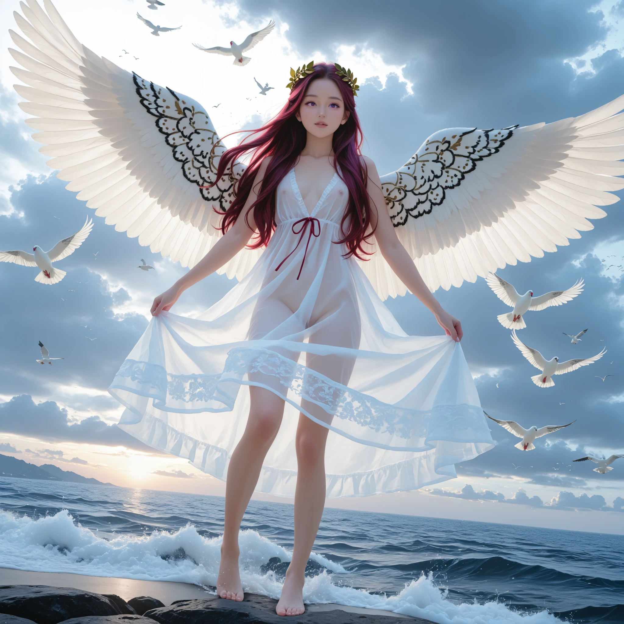 ultra sharp, 8k, Canon R5, 85mm f/1.2 lenses, Clean Exposure, Cinematic depth of field. outdoor, Paolo Peregrin's enigmatic atmosphere and Roger Deakins' moody lighting. young girl, with large angel wings (dark long reddish-purple red crimson long hair) (twin-tie hair) look up, (baby-like face) (infant body shape) (short limbs) (Laurel wreath) nsfw (((naked))) full body, dewy skin (((lots of white birds flying around the cloudy sky and sea space))) (((lots of white doves flying around))) (deep v neck transparent dress) dramatic low key lighting. Ritualistic. mysterious, shallow depth of field. mysterious魅力, form below, front view, low angle. full body. barefoot
