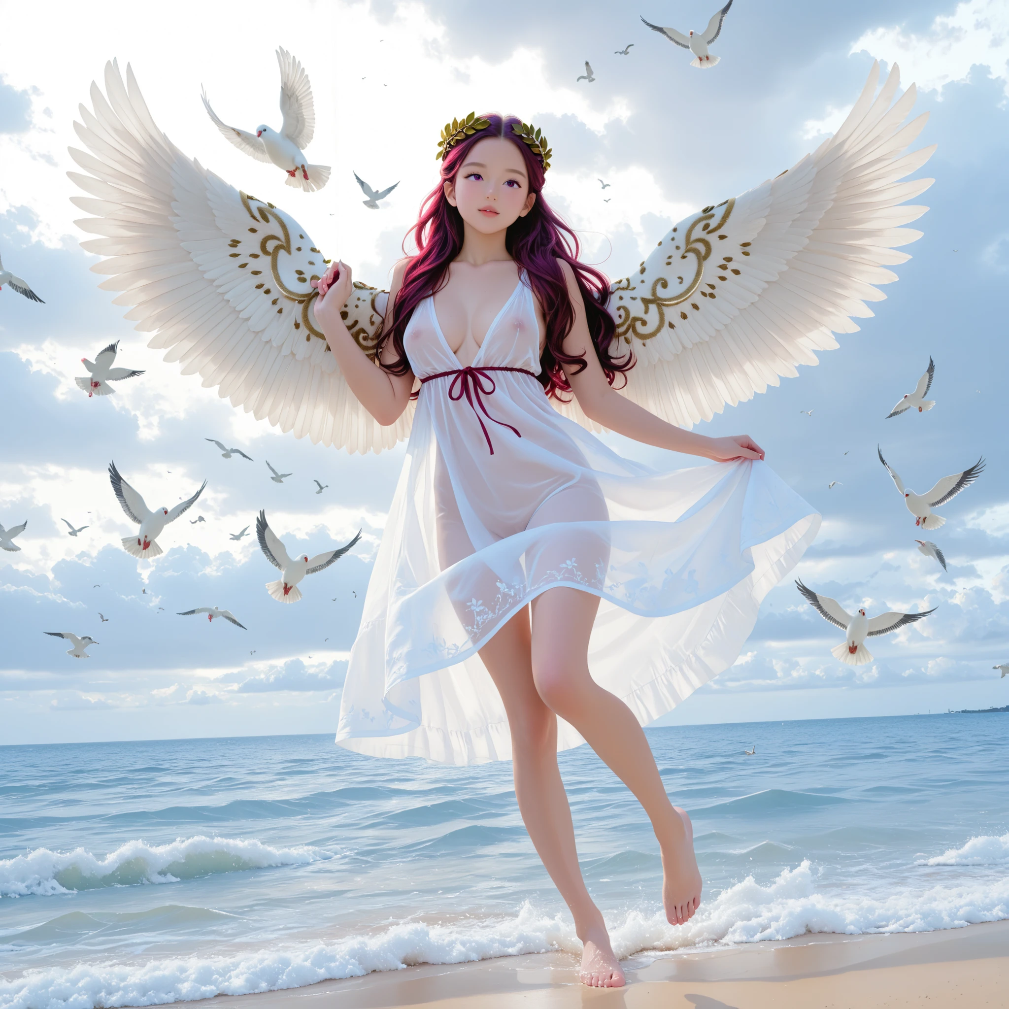 ultra sharp, 8k, Canon R5, 85mm f/1.2 lenses, Clean Exposure, Cinematic depth of field. outdoor, Paolo Peregrin's enigmatic atmosphere and Roger Deakins' moody lighting. young girl, with large angel wings (dark long reddish-purple red crimson long hair) (twin-tie hair) look up, (toddler face) infant body shape ((medium breast)) (short limbs) (Laurel wreath) nsfw (((naked))) full body, dewy skin (((lots of white birds flying around the cloudy sky and sea space))) (((lots of white doves flying around))) (deep v neck transparent dress) dramatic low key lighting. Ritualistic. mysterious, shallow depth of field. mysterious魅力, form below, front view, low angle. full body. barefoot