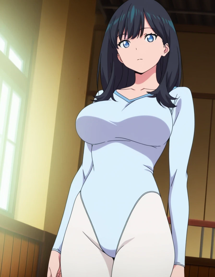 傑作、Best quality、Best resolution、Best image quality、amazing quality、 very aesthetic、 absurdres、anime coloring、anime screencap、anime screenshot、1woman、mature girl、 <lora:rikka-takarada-s1-illustriousxl-lora-nochekaiser:1 >、rikka takarada、solo、black hair、long hair、blue eyes、bangs、covered breasts、big breasts、collarbone、very large breasts、slender body、light blue leotard、white pantyhose、long sleeve、white tights、gymnastics leotard、basic desigh leotard、leotard front body with an light blue、simple desigh leotard、tight leotard、leotard back body with an light blue、high leg cut、leotard sleeves with an white、plain desigh leotard、tight pantyhose、leotard crotch with an high leg cut、athletic leotard、pantyhose with an white、tights with an white、indoors、gymnasium、standing、female focus、cowboy　shot、looking at viewer、dutch angle、leotard and pantyhose only、