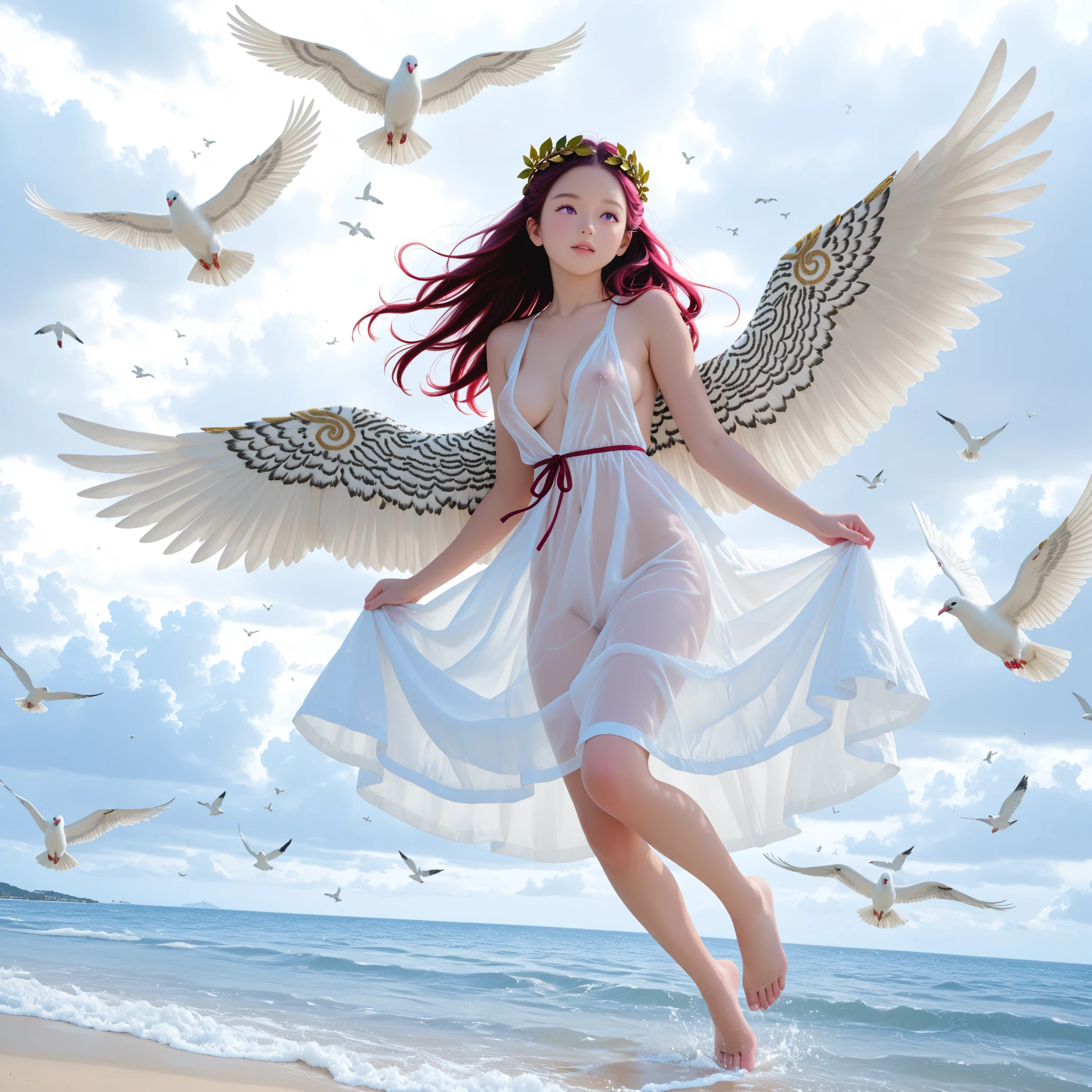 ultra sharp, 8k, Canon R5, 85mm f/1.2 lenses, Clean Exposure, Cinematic depth of field. outdoor, Paolo Peregrin's enigmatic atmosphere and Roger Deakins' moody lighting. young girl, with large angel wings (dark long reddish-purple red crimson long hair) (twin-tie hair) look up, (toddler face) infant body shape ((medium breast)) (short limbs) (Laurel wreath) nsfw (((naked))) full body, dewy skin (((lots of white birds flying around the cloudy sky and sea space))) (((lots of white doves flying around))) (deep v neck transparent dress) dramatic low key lighting. Ritualistic. mysterious, shallow depth of field. mysterious魅力, form below, front view, low angle. full body. barefoot