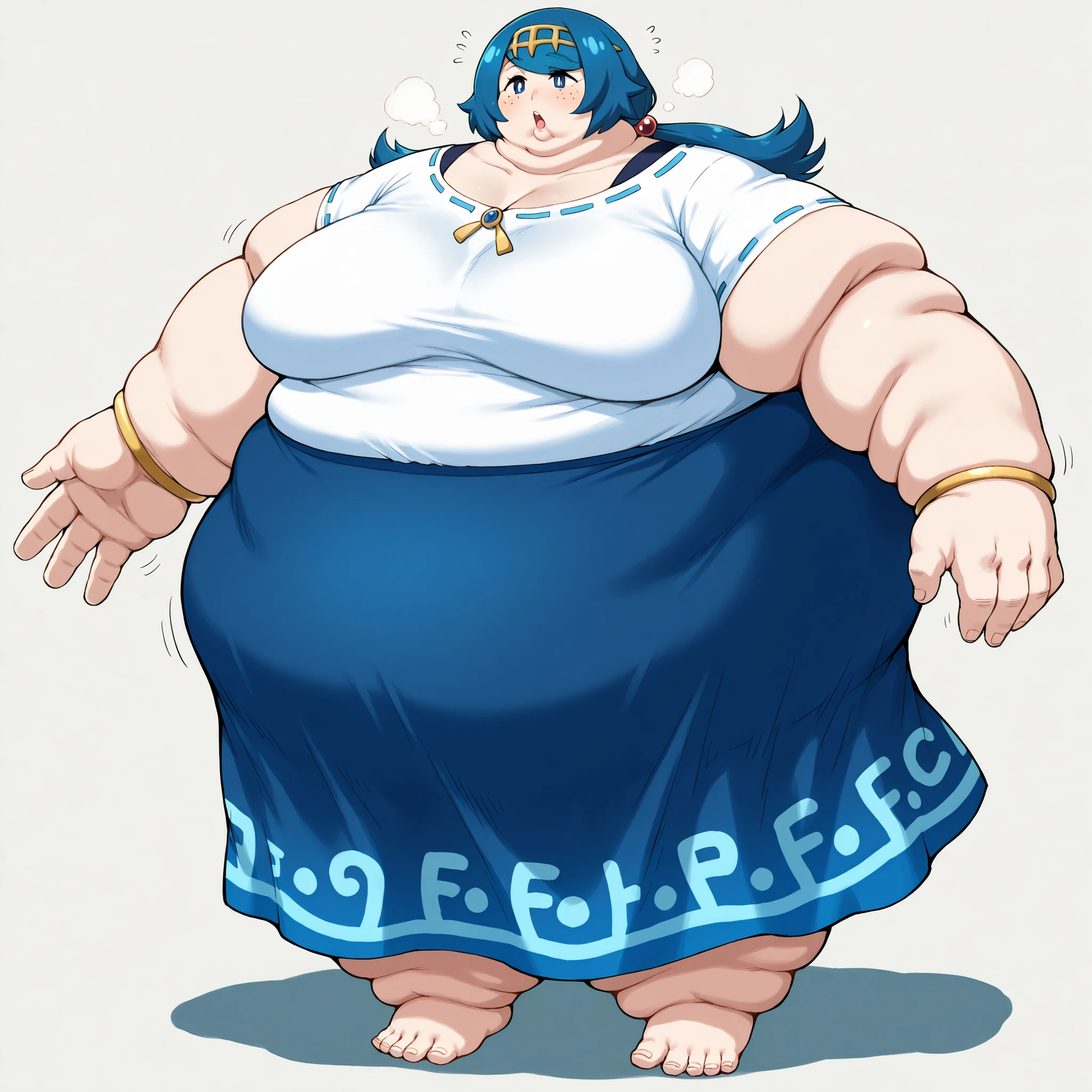 pokemonmotherlana, blue eyes, blue hair, freckles, hair ornament, long hair, swept bangs, bright pupils, blouse, blue skirt, bracelet, collarbone, dress, jewelry, long skirt, shirt, short sleeves, skirt, white shirt, breasts, fat, chubby, obese, fat neck, multiple chins, big breasts open mouth, out of breath, Larger female, full body shot, only head, large head, oversized limbs, large hands, large feet, oversized feet, oversized fingers, big lips, plump lips, fat face, fupa, big fupa, fat fupa,
