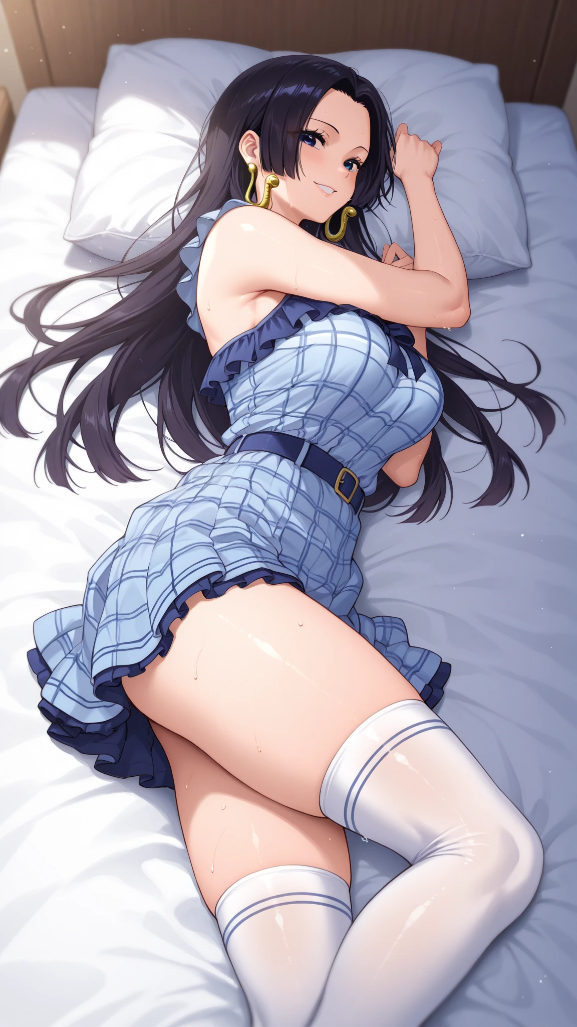 Okay, Saten Ruiko, Black Hair, blue eyes, Long Hair, hair ornaments, Floral decoration,
break セーラー服, blue skirt, pleated skirt, ((ミニskirt:1.5)), Seraphim, skirt, Summer clothes,
(( :1.3)), break indoors, ((lying o bed:1.3)), ((Arms above head:1.3) break looking at viewer, (Cowboy Shot:1.5), ((Dutch Angle:1.3)), ((:1.3)), break (masterpiece:1.2), Highest quality, High resolution, unity 8k wallpaper, (figure:0.8), (Beautiful fine details:1.6), Highly detailed face, Perfect lighting, Highly detailed CG, (Perfect hands, Perfect ),