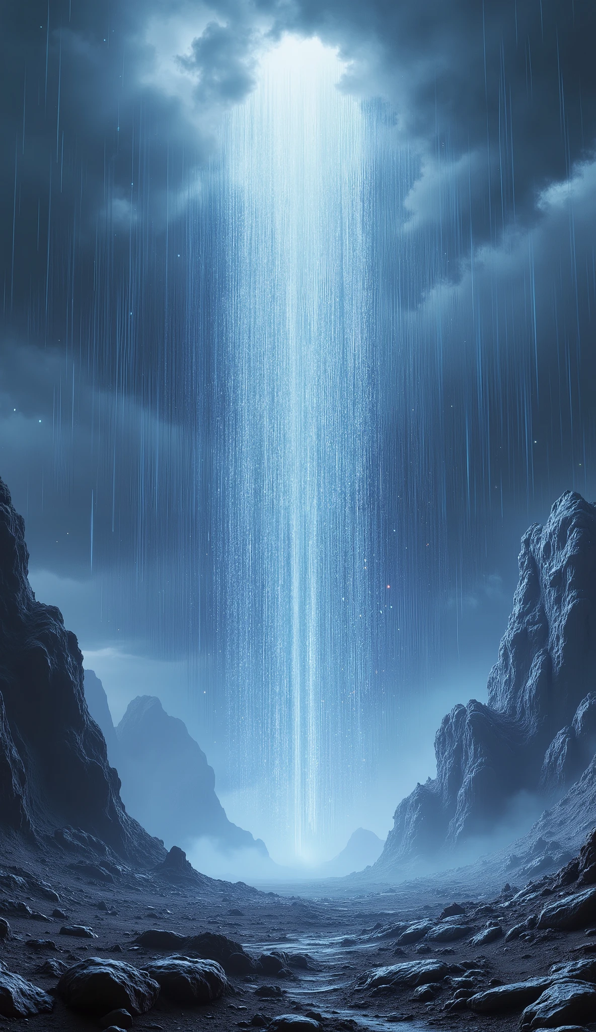 ## Cinematic Scene Description: Diamond Storm Planet
**Scene:** A heavy storm composed entirely of torrential, falling diamonds under a dense, crystalline sky.
**Visuals:**
* **Subject:** The jagged, distinctly surface of an uninhabited planet, featuring rough, textured geological formations and possibly sparse, resilient crystalline hills. The central focus is the continuous, dazzling sheet of falling, ultra-intricate diamonds.
* **Environment:** A vast, open, and intensely dramatic planetary landscape under a crushing, low-hanging sky choked with heavy, diamond-bearing storm clouds. The ground shows signs of immense erosion and impact.
* **Lighting Style:** Blue Hour Lighting Concept combined with HDR. The light is intensely dramatic and moody, with brilliant, sharp flashes of light reflecting off the diamond rain, creating a dazzling, almost blinding effect against the deep, saturated twilight sky.
* **Color Palette:** Dominated by deep blues, icy whites, silver-grays, and sharp, prismatic flashes of rainbow light caught within the falling diamonds. The overall palette is cold, saturated, and highly reflective.
* **Overall Aesthetic:** Hyperrealistic and photorealistic with strong elements of surrealism and digital art; best for filmography. The rendering is ultra-detailed, showcasing complex 3D textures, majestic scale, and a deep sense of mystery.
**Camera:**
* **Shot Type:** Wide Shot (to emphasize the scale and scope of the storm and landscape, adhering to the rule of thirds/golden ratio).
* **Angle:** Cinematic dynamic angle, slightly low-angle to make the storm clouds and landscape feel imposing and majestic.
*Movement:* Static, long exposure capture to emphasize the movement and intensity of the falling rain, though the overall shot is fixed to highlight the composition. Heavy real diamonds rain falling from stormy clouds, surreal planetary landscape, heavy crystallized rains. Cinematic wide angle view, dynamic atmospheric motion.