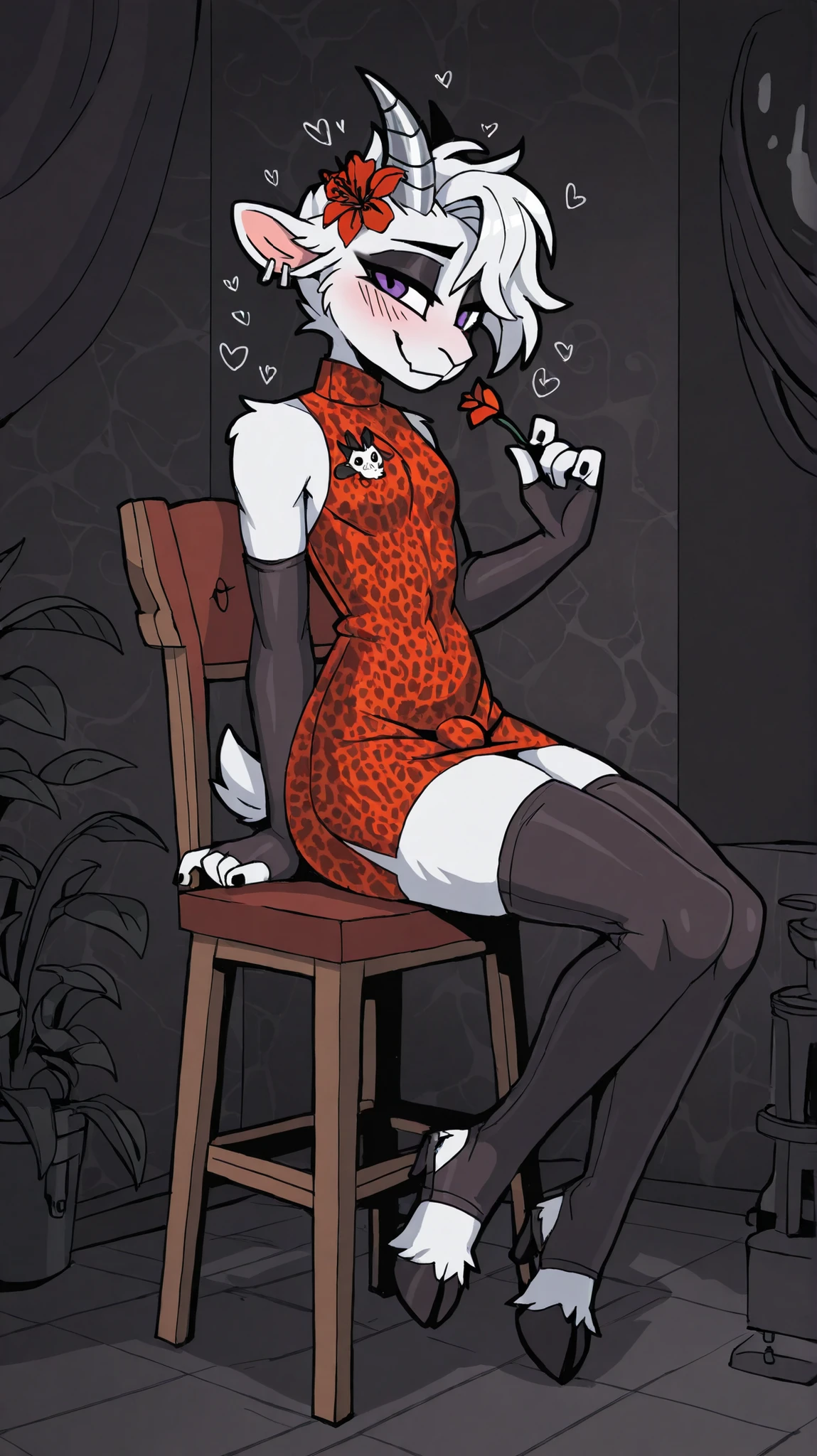 Art, Solo, High Quality, View from side, Anthropomorphic, Furry, Furry goat, femboy, tomboy femboy mix, black hooves, black nails, white fur, short white hair, flat chest, curvy, long legs, curved back black goat horns, red cloths, stirrup tigh highs, smooth chocker, blush, long fingerless elbow gloves, ear silver piercing, brew piercing, dark eyeshadow, high heel boots for hooves, red pin up leopard dress, madam appear, red flower on head, small bulge, dim lightning, gentelman club background, dark club interior, pin up pose, cute smile, sitting on chair club,