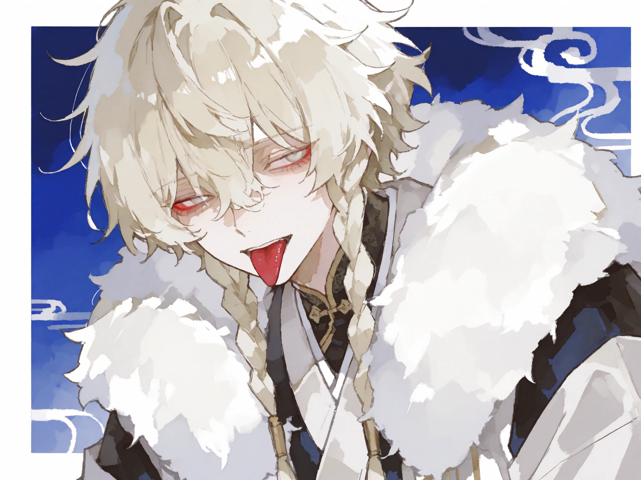 score_9, score_8_consolation, score_7_consolation, solo, watercolor, 1 male, solo , One Man , Platinum Blonde Hair , braids , Fluffy hair , beautiful , right eye is red eye , Left Eyes Are White Eyes , stylish , handsome , are cool , Adult Male , Japanese clothing , China , suspicious , stick out your tongue