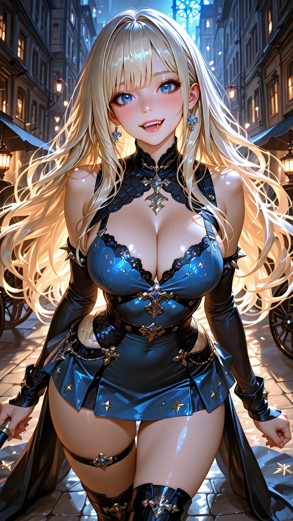 fantasy art, modern and gothic art, (masterpiece:1.5), full body best details, highly detailed, best quality,  highres, full body portrait of a female vampire (Masterpiece, best quality: 1.6), ultra feminine, with a long curvy hair, blond hair, (red:1.3) eyes, ((beautiful delicate face)), Ultra Detailed Face (wearing elegant glamour open black trench coat: 1.5) , (flowing black trench coat: 1.5), wearing an intricate (blue suit: 1.2)  (intricate details, Masterpiece, best quality: 1.3), high heeled boots, urban background (intense details, beat details), fantasy, at night light, natural ,moon light, clouds, gothic atmosphere, soft light, ((anatomically correct)), high details, best quality, 16k, [ultra detailed], masterpiece, best quality, (extremely detailed), dynamic angle, drkfntasy