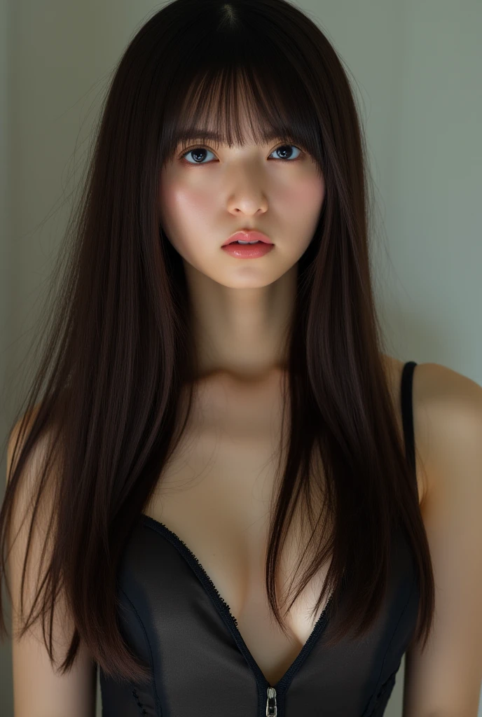 best quality, masterpiece, ultrahigh res, 8k, 30 years old Japanese girl with long brown hair, beautiful girl, straight hair, black negligee, a strong-looking woman with double eyelids, in real life, 32k, best quality, ultra quality, absurdres, photo-realistic, raw photo, detailed background, masterpiece, Ultra high definition, watching at the viewer, Lifelike, Authentic, Hyperrealistic, Close-to-reality,