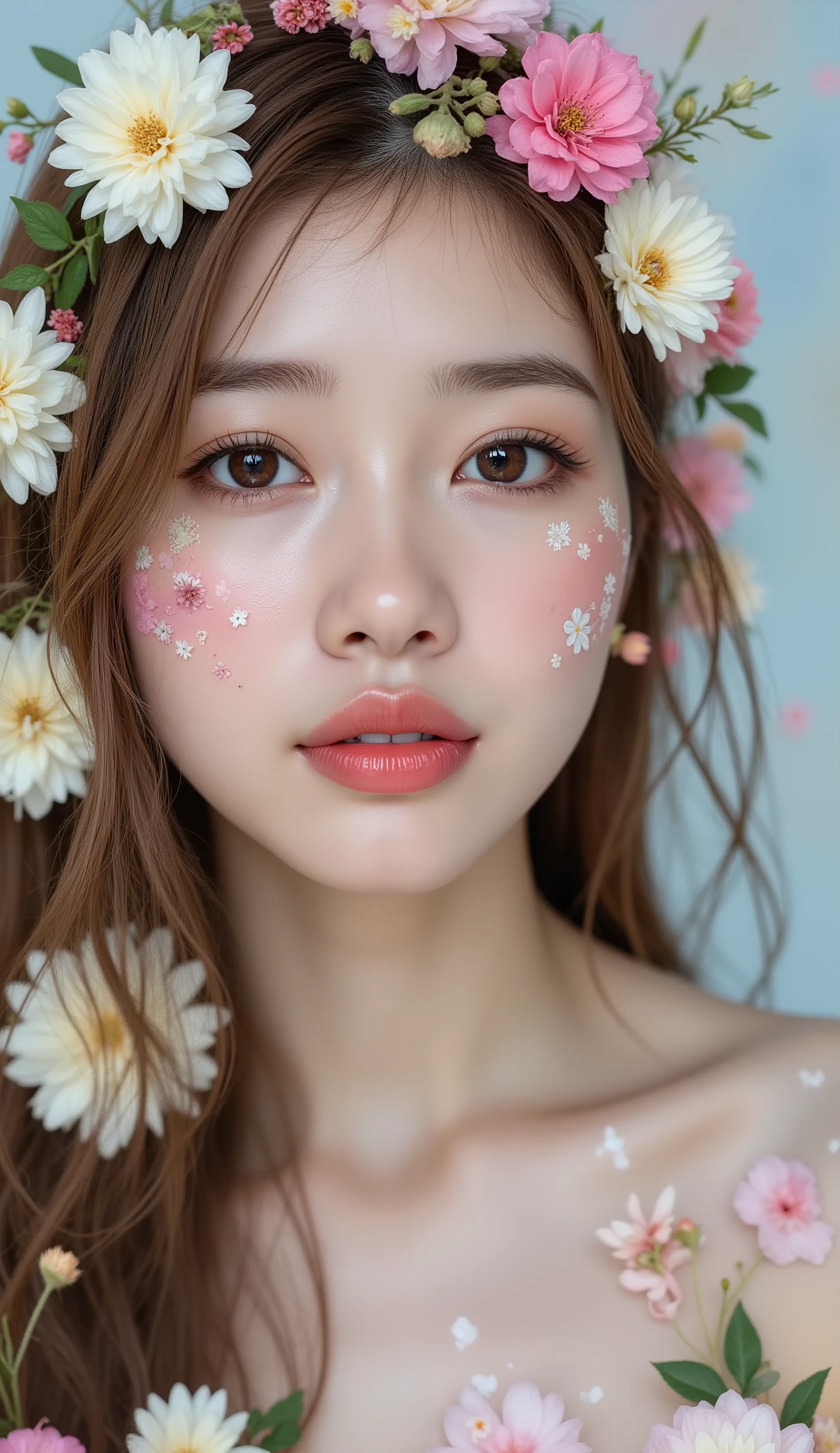 (((petite woman)))、(((japanese:1.3)))、masterpiece、High Quality、high image quality、High Resolution、8k、 anatomically perfect face、with the muzzle facing up、looks like a model、Fantastic flower life、(((She's Smiling or Seductive Smile:1.3)))、Beautifully manicured eyebrows 、incredibly detailed irises、Beautiful Tall Nose、sexy thick lips、brown long hair、Wet white skin、woman lying on her back、(((small breasts、、、Toned Waist、sexy hips:1.5)))、(((Large flower crown:1.2)))、(((petals spread out without gaps are colored:1.5)))、(((Colorful Flowers々  beautifully drawn face  、Gentle pink flowers、flowers with a strong presence、clear blue flowers、Red blaze flowers、benevolent purple flowers、pure white flower  :1.5)))、(((Blooming Flowers々々:1.5)))、(((Storm of Flowers:1.5)))、(((cluster of flowers:1.5)))、(((flowers painted on a naked woman's body々subtly placed:1.5)))、(((Precisely rendered fresh flowers:1.5)))、(((floating flowers々:1.5)))、(((豪華にBlooming Flowers々々Surrounded by)))、(((— — beautiful big butterfly々:1.4)))、(((flower garden background or white silk cloth or blue sky above clouds:1.3)))、(((fantasy art)))、(((avant-garde flower art)))、(((large flower:1.5)))、(((Fantastic flower life)))、(((Bird's-eye view、she's staring at the camera at her best:1.5)))、(((calm expression、Body painting with flowers on the cheeks:1.5)))、(((flowers spreading like veins々:1.5)))、、、、masterpiece、超High Quality、超High Resolution、Super Resolution Synthetic Texture、16 kg、Realistic、(((realistic on pho:1.3)))、(((Ultra Precise Photos )))、(((clear focus)))、Physically Based Rendering、a prairie Surrounded by a white fence、professional