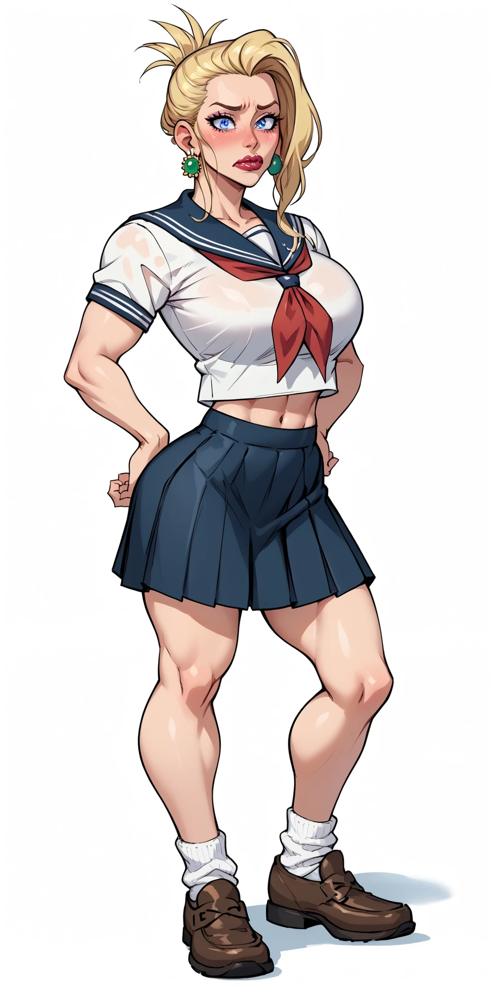 score_9, score_8_up, score_7_up, score_6_up, rating_questionable, Best quality, High quality, Detailed, High resolution, 8k, Ultra high res, source_anime, 1woman, solo BREAK
ffscarlet, folded ponytail, blonde, source_cartoon, rating_questionable, blue eyes, detailed eyes, sharp eyes, little muscular, venus body, milf, wide hips, earrings, lipstick, (((high cheekbones))), big head, dumpy legs, serafuku, black pleated skirt, black skirt, shirt, red neckerchief, long loose socks, knee-high socks, black loafers, midriff exposed, embarrassed, (((simple background, white background))), full body shot