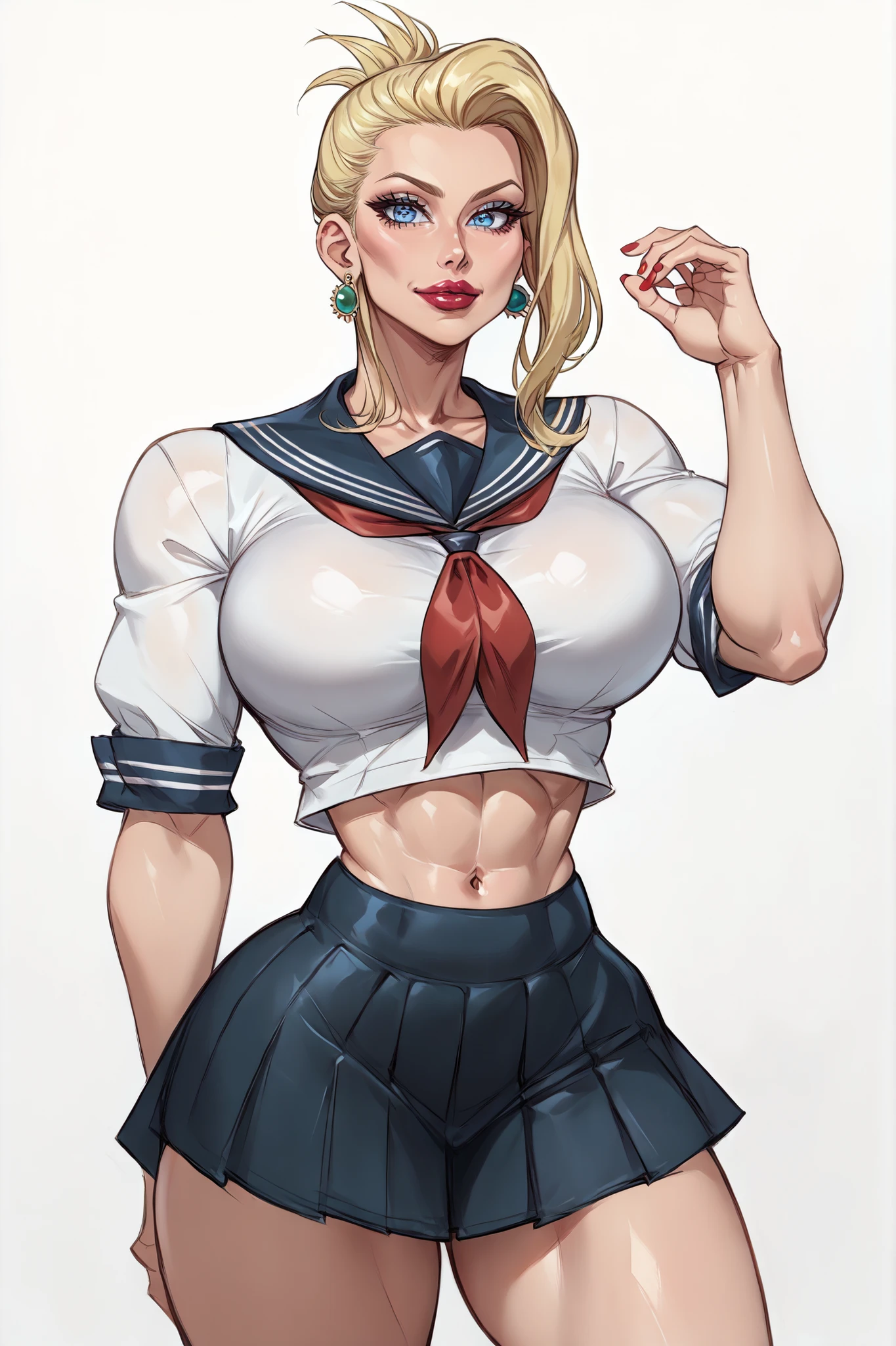 score_9, score_8_up, score_7_up, score_6_up, rating_questionable, Best quality, High quality, Detailed, High resolution, 8k, Ultra high res, source_anime, 1woman, solo BREAK
ffscarlet, folded ponytail, blonde, source_cartoon, rating_questionable, blue eyes, detailed eyes, sharp eyes, little muscular, venus body, milf, wide hips, earrings, lipstick, (((high cheekbones))), big head, dumpy legs, serafuku, black pleated skirt, black skirt, shirt, red neckerchief, midriff exposed, (((simple background, white background))), waist shot, ojou-sama pose