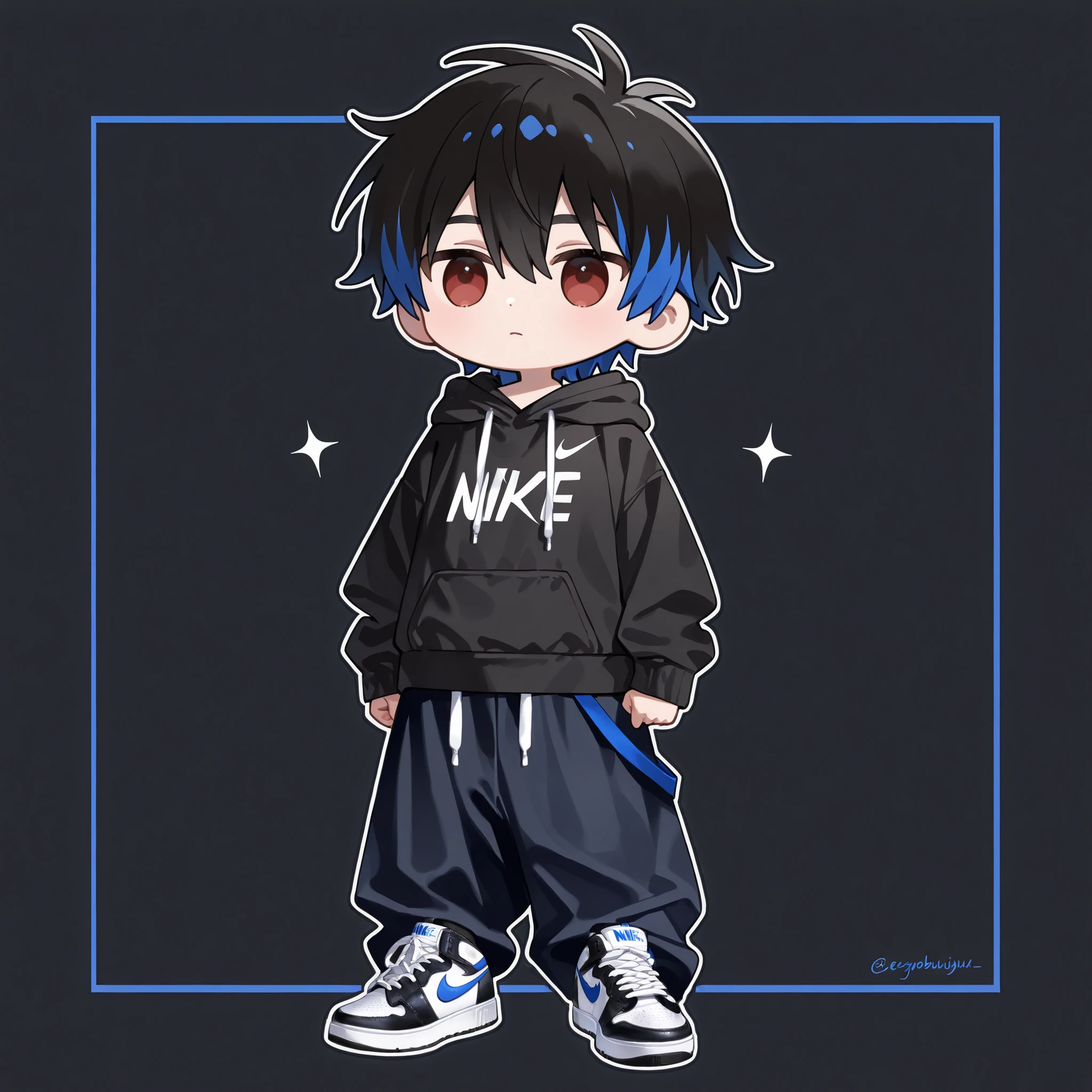 ((solo, deformed character、deformed characterだけ、2 heads、anime))、(( male))、2 color hair、dark haired、Blue hair、Black-Blue、hair is messy、black hoodie、big black STUSSY hoodie、((big black STUSSY hoodieのフードを深く被る))、Oversized hoodie、((thick black pants))、black and blue NIKE sneakers、BLACK AND BLUE NIKE BASH、Black Short Socks、full body back view、
