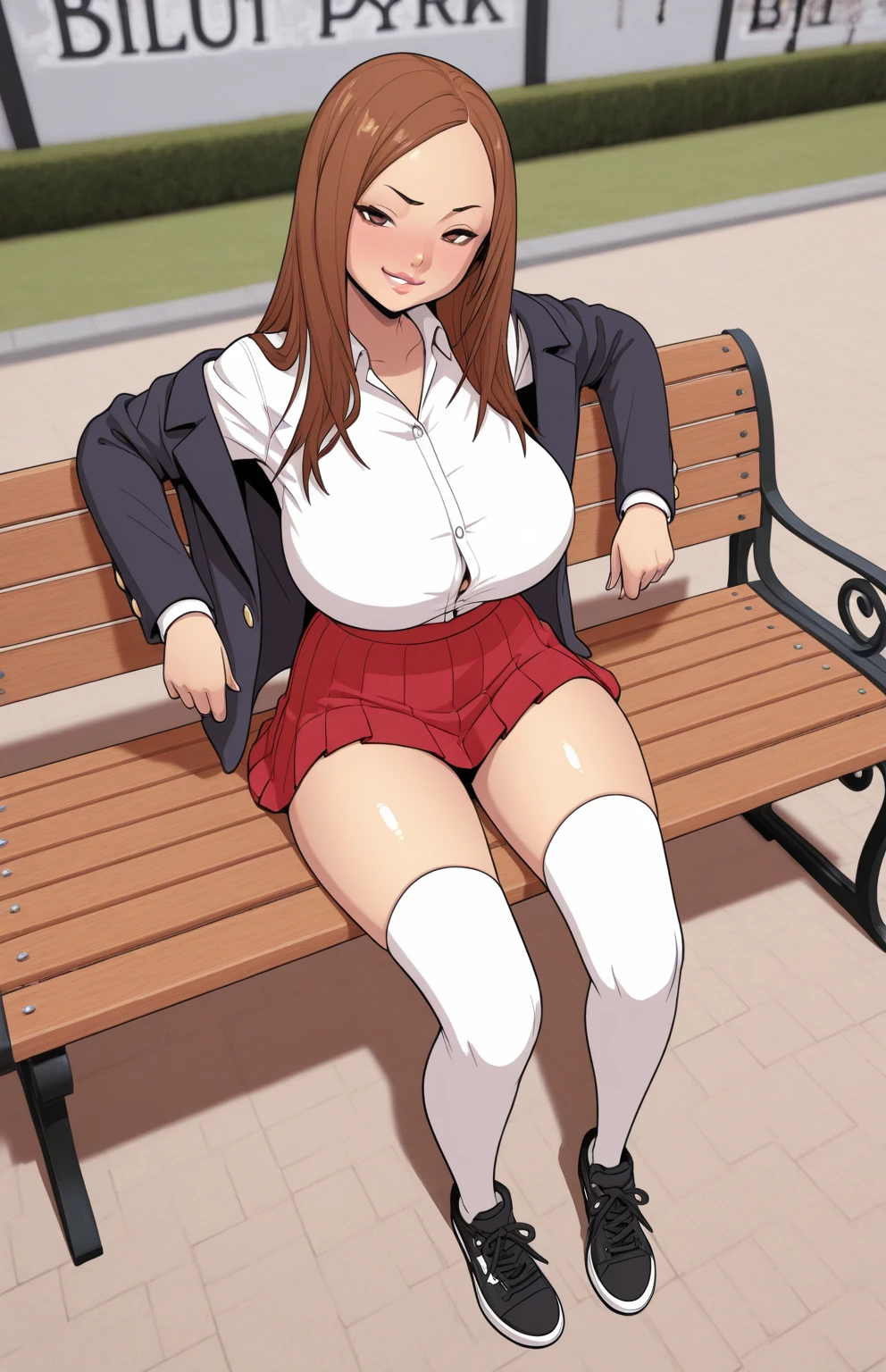 Angle from directly below、Highest quality、sitting on a park bench、Put your feet on the bench、female、Age 25、Black Hair、long hair、Straight Hair、White collared shirt、((Button up、Navy blue pleated skirt、Brown boots)),femaleの子、Pink Panties、Leg spread、Spread your legs、????????????、