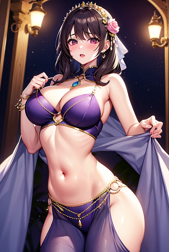 Group of 5 princesses,(5 young women,many young women), (in the bedroom), Various hair styles, harem, Wearing a strapless traditional Thai dress., nighttime, detailed face, big breasts,Breast curtain, short skirt, mule, Sleeveless , Show your armpits, nighttime, starry nighttime,(((large :1.4,pink,The  are clearly visible...))), Highest quality、Highest picture quality、Masterpiece,Navel drive,dance,dance