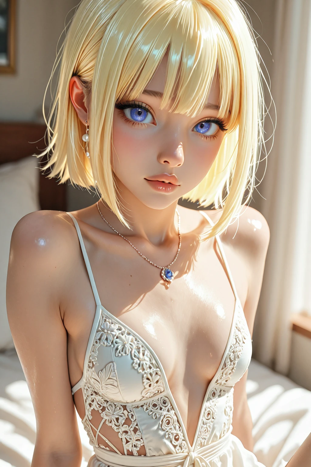 Beautiful and fair、Radiant Skin, 3 Up, Gorgeous, bright, Refreshing and gentle expression, Perfect beautiful face、Blonde short hair，Beautiful shiny bangs, A very beautiful 17 year old girl, Eyeliner, Very perfect and beautiful lovely big clear sky blue eyes，Very large breasts，Grooves reveal original skin，Muscular body，Silver glasses，Tight lace ，student