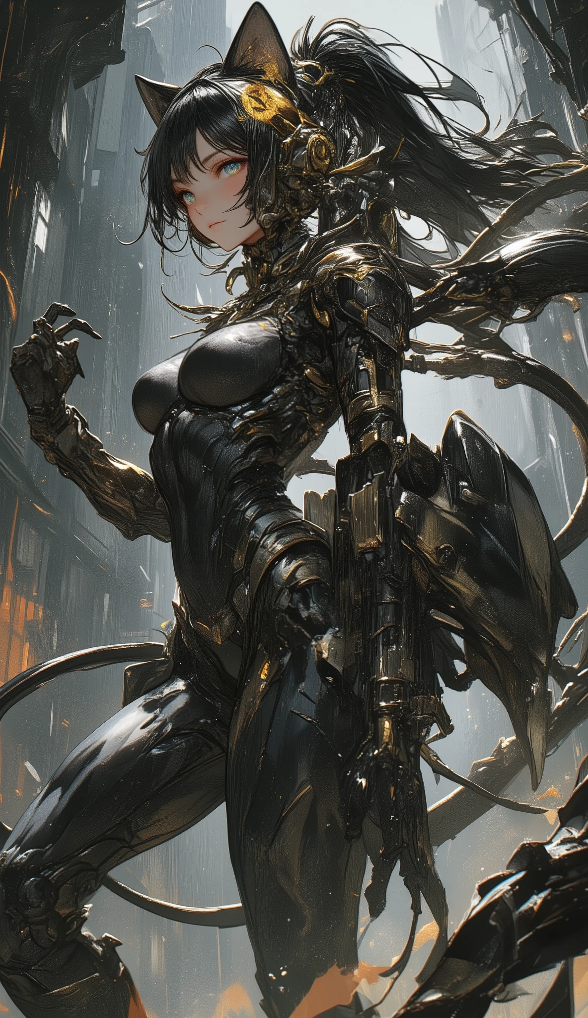 Woman wearing a costume with a Scorpio motif、Female Panther Pose、Machine and Biological Fusion、Machine Scorpion Stinger、high image quality、High Quality