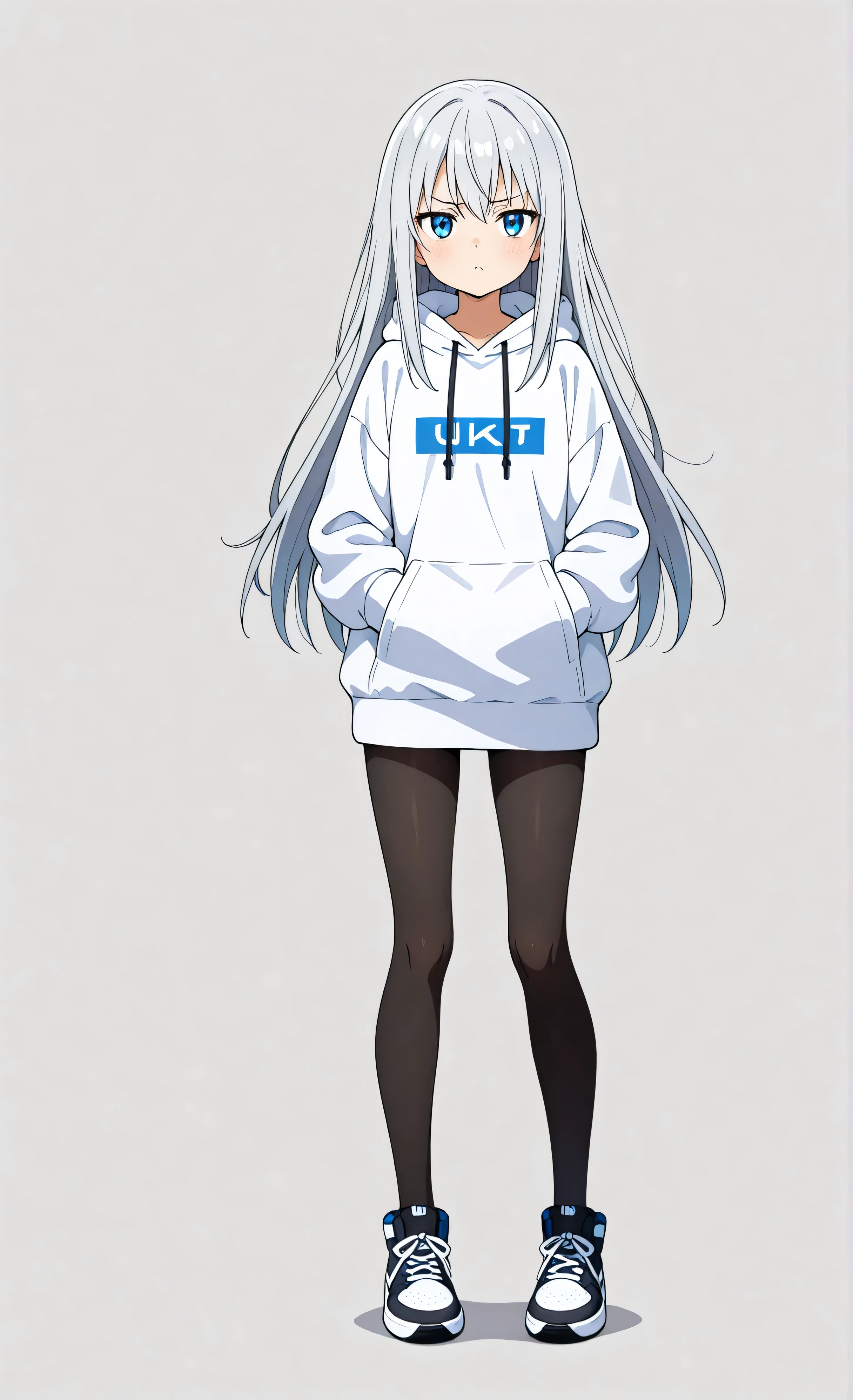 girl,gray hair long hair,Blue Eyes,Full Body,facing the front,anime style,no background,Tsundere,black tights,white hoodie,Legs closed,Hands in hoodie pockets