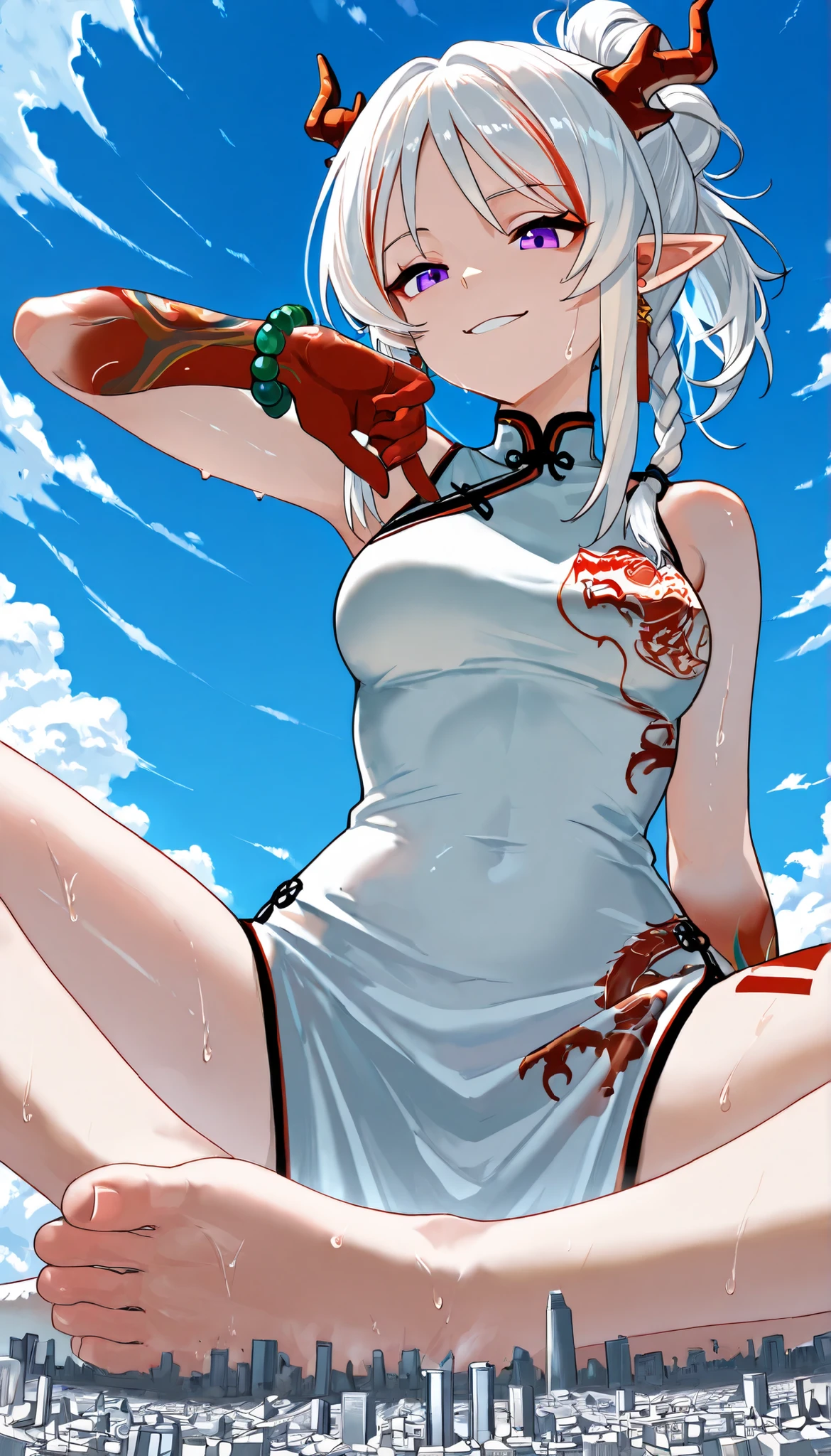 skyscraper between feet, 1girl, solo, giantess, c microcity, n1andress, gradient skin, red skin, dragon tail, leg tattoo, long hair, streaked hair, white hair, red hair, ponytail, braid, dragon horns, pointy ears, purple eyes, chinese clothes, white dress, china dress, sleeveless dress, pelvic curtain, bead bracelet, bare shoulders, blue sky, dynamic pose, Scattering Cities, Urban rubble being kicked up in the air, impact, smile, Outdoors, fullbody, very aesthetic, absurdres, newest, seductive body, solo, sweat, lewd face, sitting on the ground, solo, 1girl, best qualityy, fullbody, feet, pov, panorama, (from below), artistic, Masterpiece, best quality, masterpiece