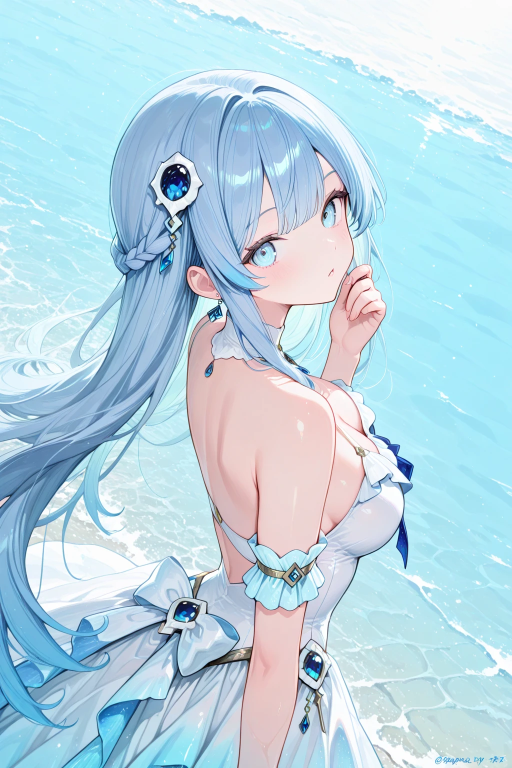 ((masutepiece)),(Best Quality),((FULL BODYSHOT)),((1 girl)),(Little,young gyaru:1.2),(ultra-detailed small face),(((Pink long straight hair,shiny light blue Messy hair))),((ultra-detailed stars in eyes,ultra-intricate pupil in eyes)),((ultra-detailed radiant pink bikini with strappy sides)), (((Huge breasts, cleavage))),((Smile with open mouth)),{Closed eyes}, ((skiny)), (Surprised),(sun-kissed radiant skin,Tanned skin),(((Arms behind))),(((Kneeling ,ass in sea))),BREAK,((Blue sky,sunshine lighting on face)),((splash water)),(Lens Flare),(Azure, krystal,bright shimmering, endless ocean),(Lens Flare),((strong breeze)),(rainbow effect),((From  above,from the front side)),((face closed up to viewer)),(gazing at viewer),(Illustration),((ultra-detailed 5 fingers, hands on sea)),((pupils in eyes)),(((sky blue round big eyes))),((Spread your  ,hip settle down in sea)),(hands on sea),