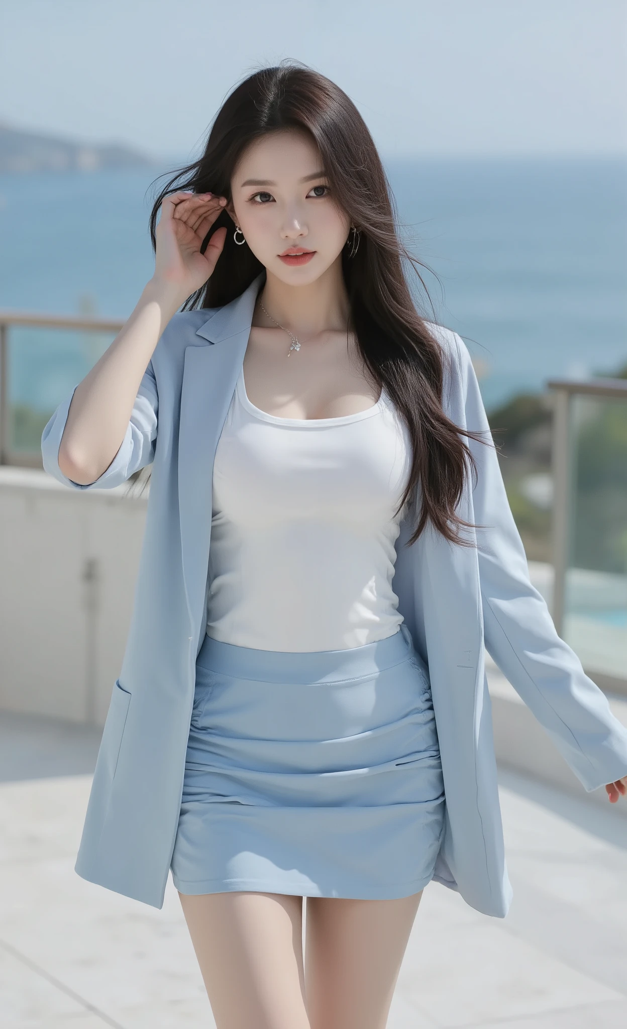 (masterpiece, best quality, ultra detailed, photorealistic:1.3),
(solo young woman:1.2), delicate symmetrical face,
long dark hair, smooth texture, (large breast:1.8),
large warm brown eyes, direct soft gaze,
subtle parted lips, natural skin glow,
tight white fitted top:1.3, scoop neckline, short sleeves,
light blue fitted mini skirt:1.3, ruched sides, clean silhouette,
pale blue blazer draped off shoulders:1.2,
small simple earrings, thin necklace,
luxury villa exterior terrace, coastal design
clear sea view backdrop
white stone flooring, glass railing
sunlit ambience, soft natural shadows
gentle ocean breeze suggested by hair and outfit flow
POV chest height looking slightly upward,
upper body to mid thigh framing,
soft cinematic lighting,
shallow depth of field,
sharp skin and fabric details,
relaxed confident stance, (one hand brushing hair across ear:1.3),
hair moving slightly as she walks toward camera