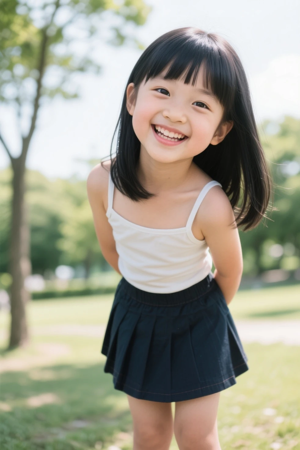 　(((Japanese)))(9-year-old girl)　((((9-year-old girlが一人、solo))))　whole body写真　Full Shot　Medium Short Hair　A low ponytail　whole body　Thighs 　Casual wear　濡れてる服　Tank top　((濡れてる)) short skirt　cute　(smile)　Sandy Beach　((See-through))　　Shot from between the legs　Spread your legs　Spread your legs　Raise your arms up　Photographing the 