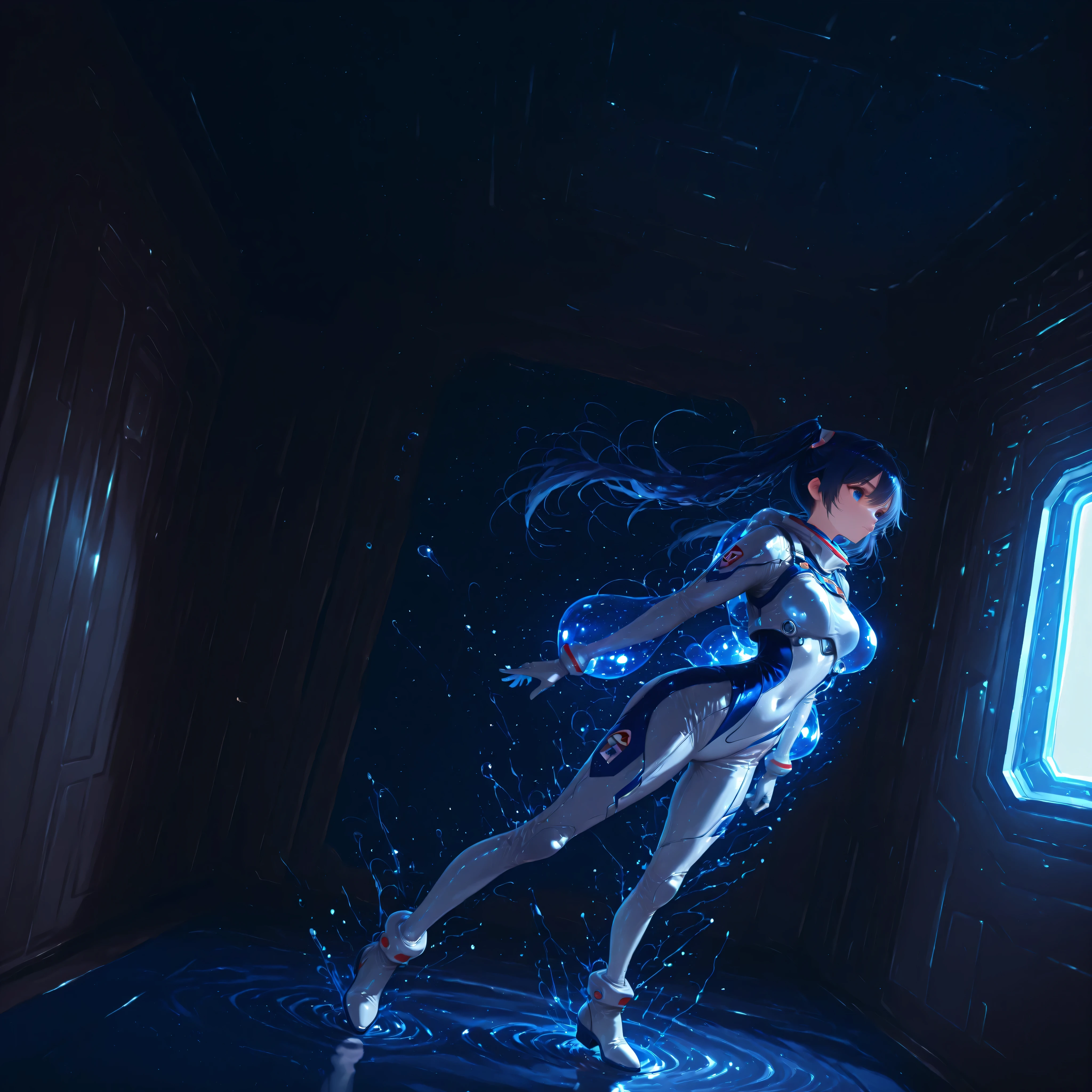 (Inside a shabby spaceship:1.7)、night、(Body floats:1.6)、Wide々A stylish interior、Space Suit、Dark Blue Hair、height twin tails、
Active women、score_9,score_8_up,score_7_up,top quality, detailed clothing、femininity(femininity)、dynamic angle、Dynamic Action、 Active Action
