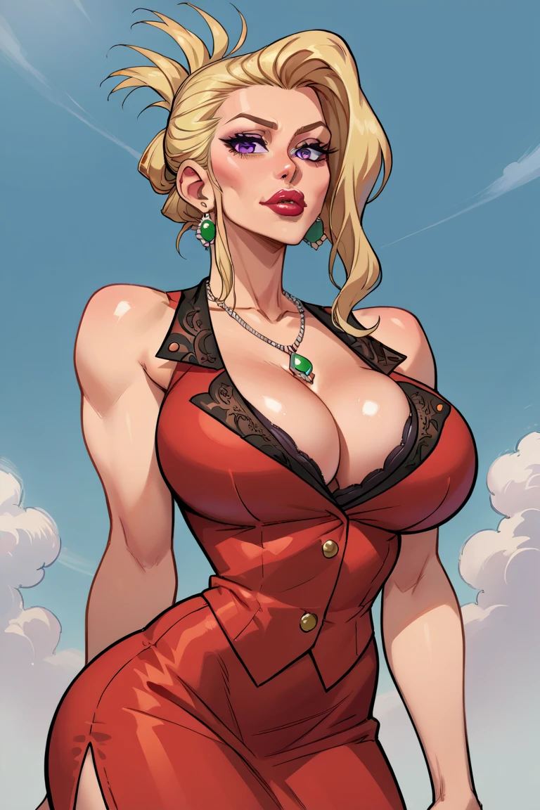 masterpiece, best quality, matsumoto rangiku, beautiful lighting, long hair, black kimono, cleavage, necklace, sash, gigantic breasts, standing, looking at viewer, blue eyes, furrowed brow, smile, japanese architecture, cowboy shot, shiny skin, gigantic breasts, curvy,  smile