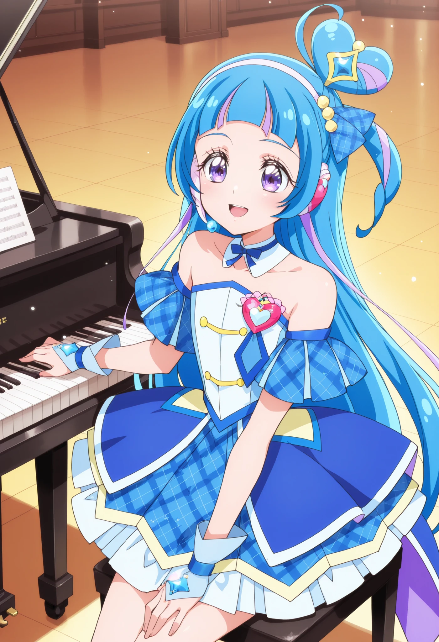 cure wink, kimi to idol precure, blue hair, magical girl, mini crown, purple eyes, blue dress, tilted headwear, very long hair, blunt bangs, shoulders, hairband, two-tone hair, purple hair, jewelry, idol clothes, masterpiece, best quality, newest, absurdres, anime, source anime, illustration,heart brooch, headset,open mouth ,play the piano ,sitting on chair ,concert hall ,smile