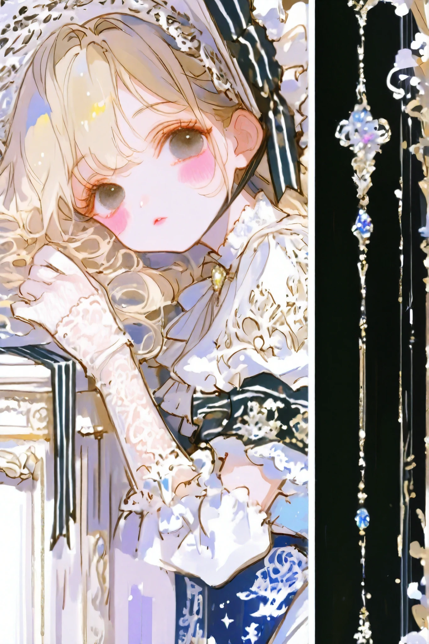 thin lines, thin colors, watercolor, colorful, fantasy, full body, (looking viewer :1.5), My Fair Lady theme,
1 girl, solo, blonde hair, long hair, black eyes, blush stickers, A classical “My Fair Lady”-inspired Lolita outfit with a pure white base. The fluffy lace one-piece dress is entirely white, creating a soft and romantic silhouette. Numerous black-and-white striped ribbons decorate the outfit like elegant wrapping, giving a lavishly adorned appearance. The large, luxurious white hat features a bold black-and-white striped ribbon and delicate feather accents. She wears white lace gloves, completing a refined and charming classical Lolita style. High quality, detailed lace, elegant, cinematic atmosphere.
masterpiece, super detailed skin, high quality, 8K, (detailed beautiful face and eyes:1.5), elaborately designed clothes, intricately embroidered clothing, intricate textures,
