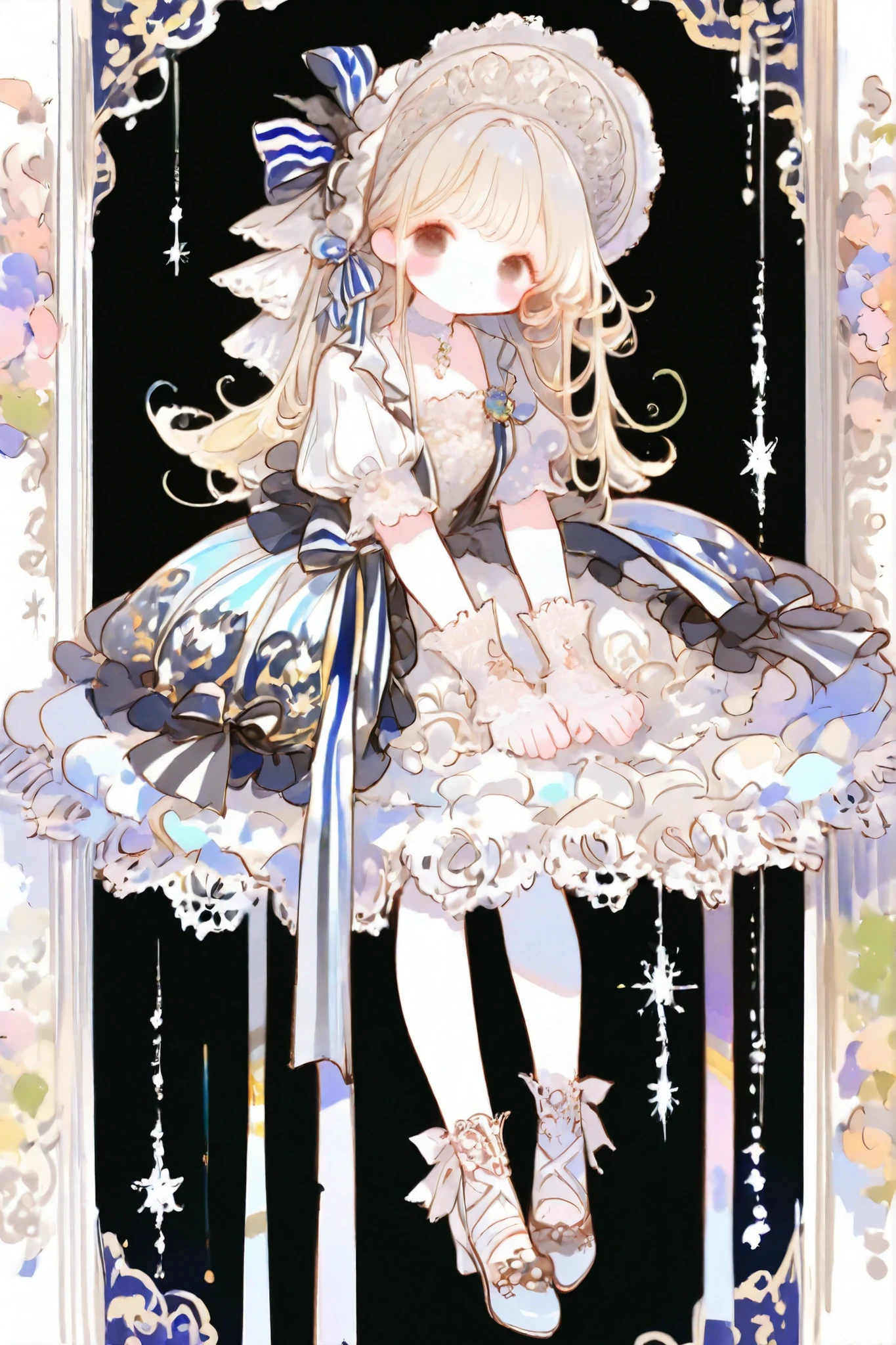 thin lines, thin colors, watercolor, colorful, fantasy, full body, (looking viewer :1.5), My Fair Lady theme,
1 girl, solo, blonde hair, long hair, black eyes, blush stickers, A classical “My Fair Lady”-inspired Lolita outfit with a pure white base. The fluffy lace one-piece dress is entirely white, creating a soft and romantic silhouette. Numerous black-and-white striped ribbons decorate the outfit like elegant wrapping, giving a lavishly adorned appearance. The large, luxurious white hat features a bold black-and-white striped ribbon and delicate feather accents. She wears white lace gloves, completing a refined and charming classical Lolita style. High quality, detailed lace, elegant, cinematic atmosphere.
masterpiece, super detailed skin, high quality, 8K, (detailed beautiful face and eyes:1.5), elaborately designed clothes, intricately embroidered clothing, intricate textures,