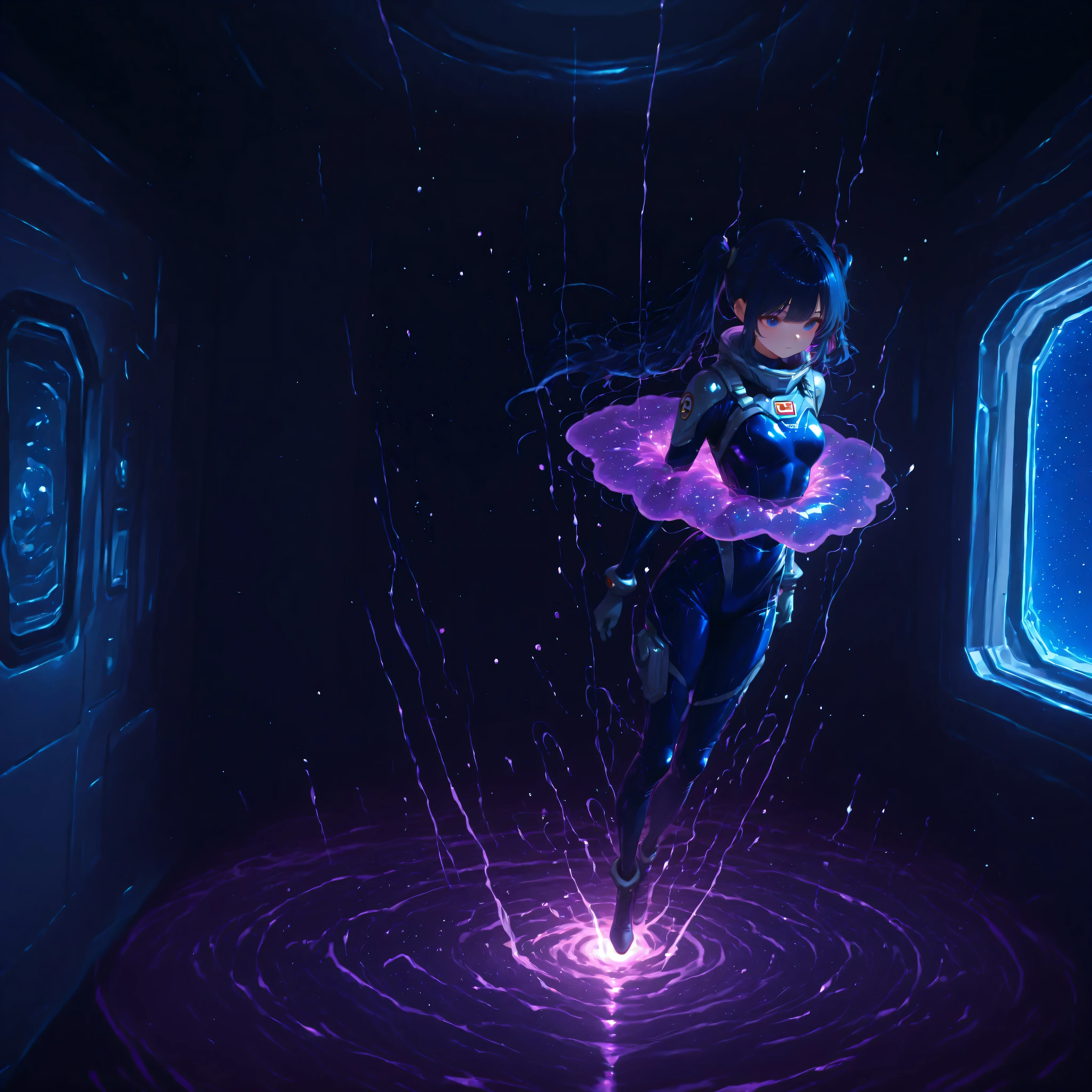 (Inside a shabby spaceship:1.7)、night、(Body floats:1.6)、Wide々A stylish interior、Space Suit、Dark Blue Hair、height twin tails、
Active women、score_9,score_8_up,score_7_up,top quality, detailed clothing、femininity(femininity)、dynamic angle、Dynamic Action、 Active Action