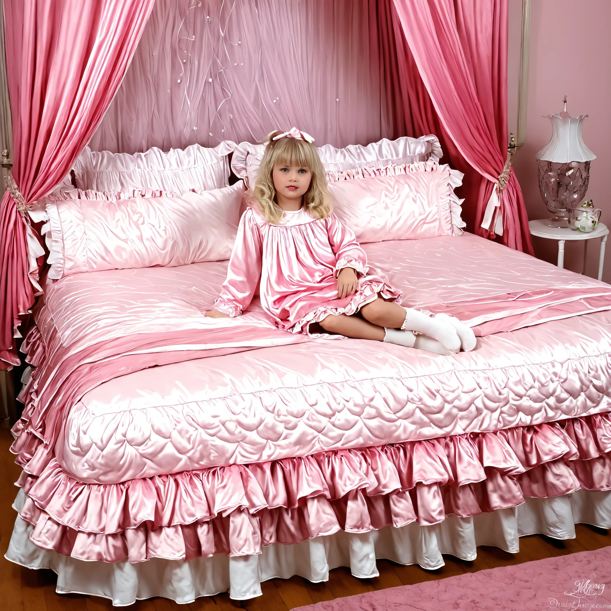 ((big bedの上のかわいい女の子)),((Childhood )),((Little Girl)),short,((white Americans, long blonde,detailed faces)),cute face,plump quilted pink silk satin nightgown,((lots of frills and ribbon decorations)),long sleeve,ruffle sleeve, ((frill long skirt:1.0)),white socks,big bed、comes with lots of pink silk satin cushions,pink cute canopy bed , ,four-poster canopy bed,King Size Bed,big bed,pink silk satin ruffle plump quilt pillow,More pillows, pink quilted silk satin soft comforter,round plump comforter,Ruffled lace silk.retro white pipe bed frame, realistic on pho,((Out of frame bigger King Size Bed:1.2)), silk satin curtain on the bed with frills ,