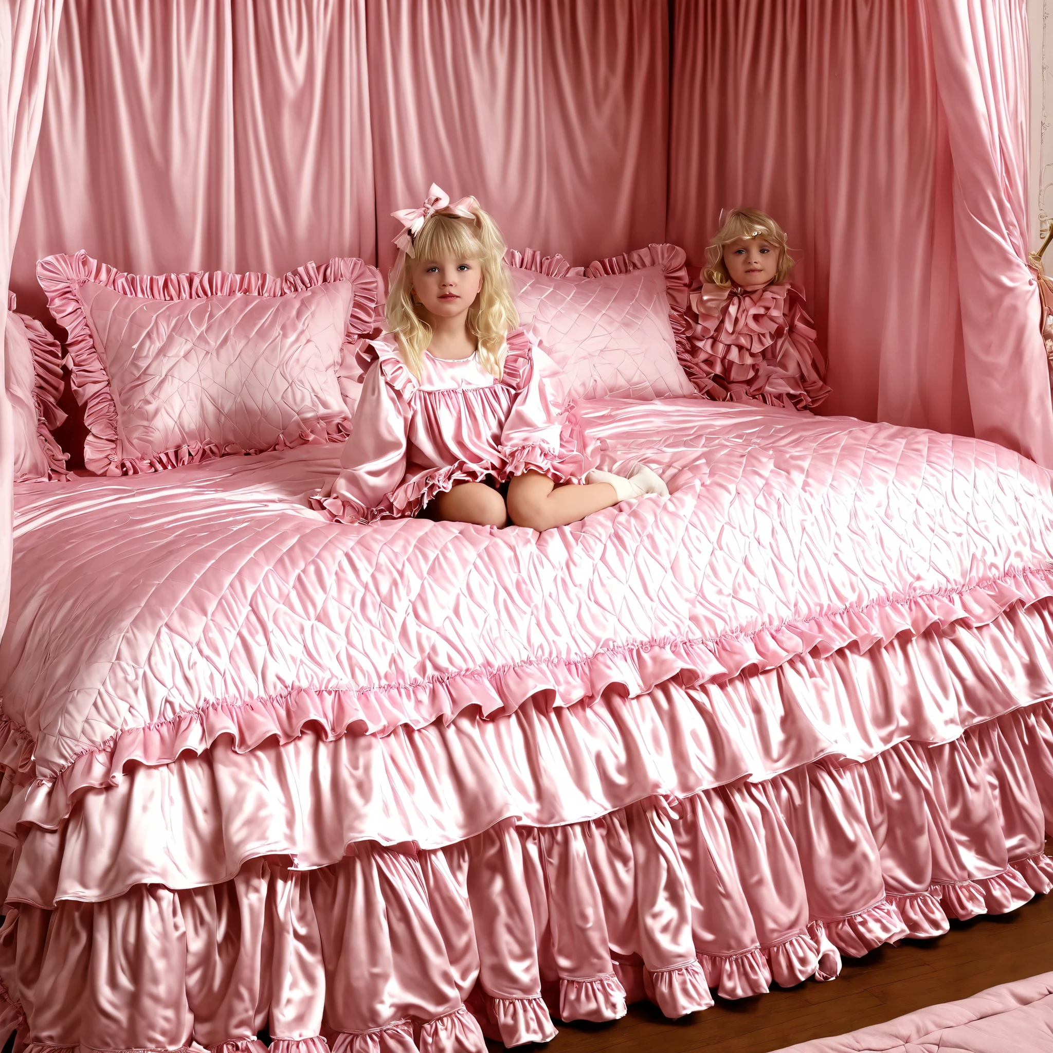 ((big bedの上のかわいい女の子)),((Childhood )),((Little Girl)),short,((white Americans, long blonde,detailed faces)),cute face,plump quilted pink silk satin nightgown,((lots of frills and ribbon decorations)),long sleeve,ruffle sleeve, ((frill long skirt:1.0)),white socks,big bed、comes with lots of pink silk satin cushions,pink cute canopy bed , ,four-poster canopy bed,King Size Bed,big bed,pink silk satin ruffle plump quilt pillow,More pillows, pink quilted silk satin soft comforter,round plump comforter,Ruffled lace silk.retro white pipe bed frame, realistic on pho,((Out of frame bigger King Size Bed:1.2)), silk satin curtain on the bed with frills ,