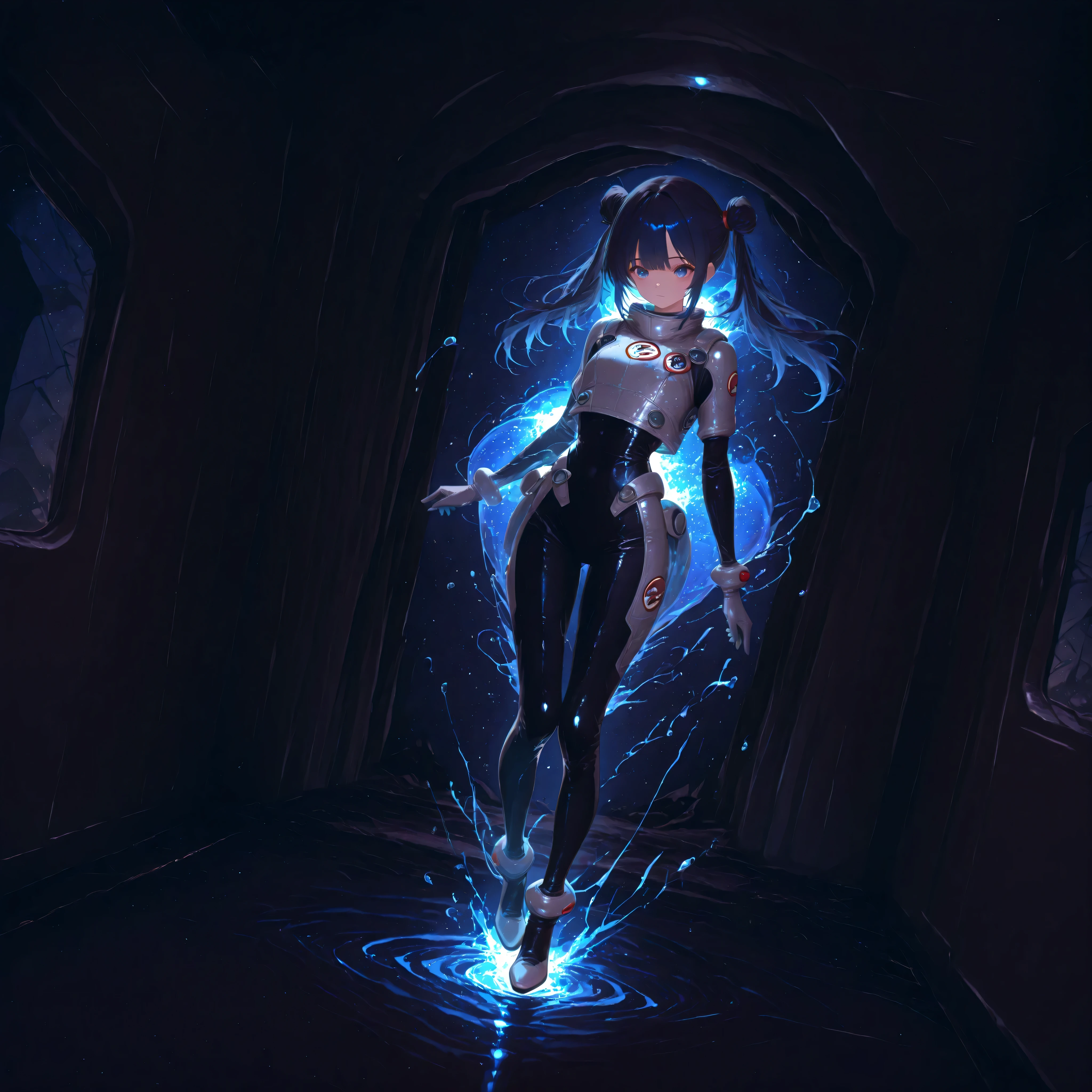 (Inside a shabby spaceship:1.7)、night、(Body floats:1.6)、Wide々A stylish interior、Ruins、Space Suit、Dark Blue Hair、height twin tails、
Active women、score_9,score_8_up,score_7_up,top quality, detailed clothing、femininity（femininity）、dynamic angle、Dynamic Action、 Active Action 