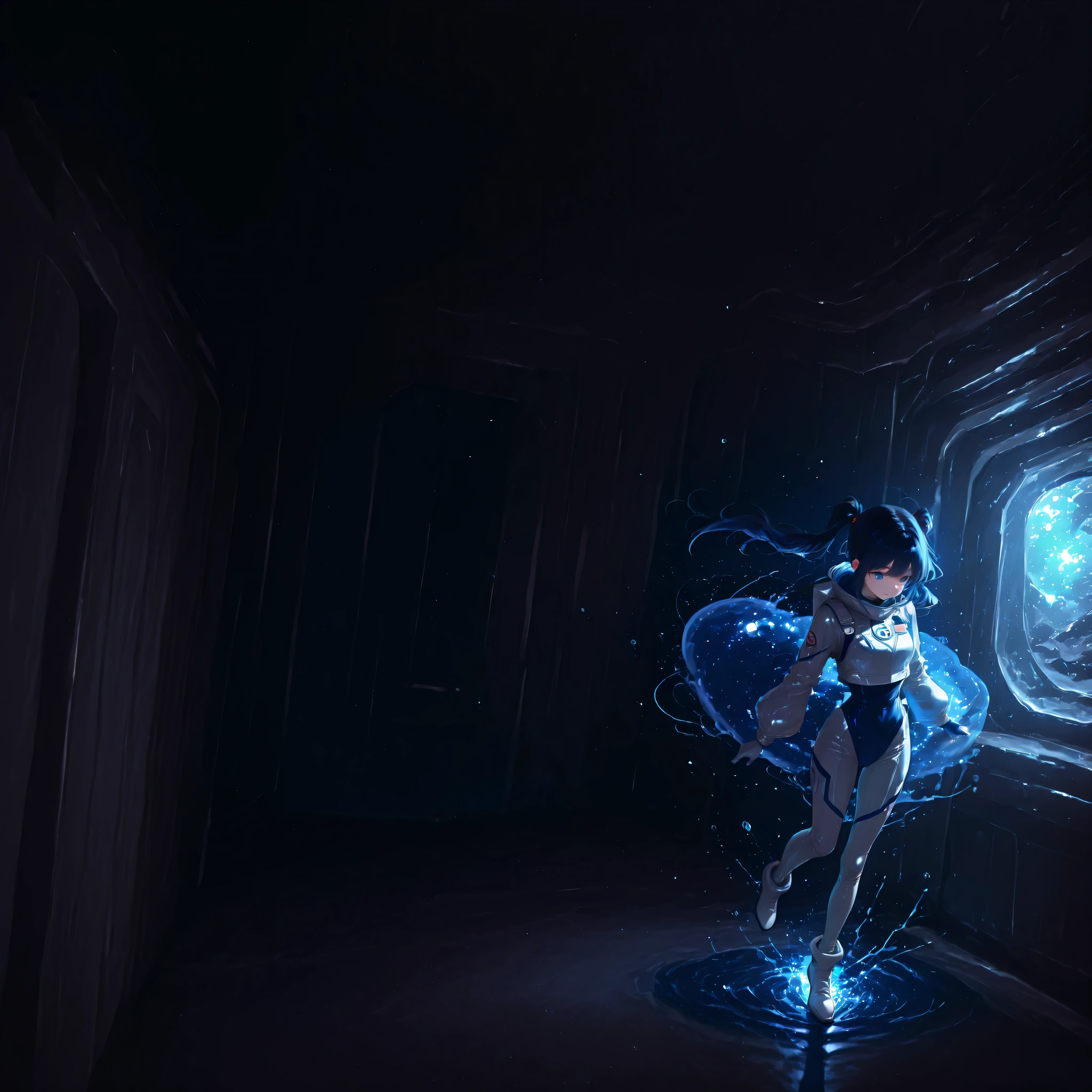 (Inside a shabby spaceship:1.7)、night、(Body floats:1.6)、Wide々A stylish interior、Ruins、Space Suit、Dark Blue Hair、height twin tails、
Active women、score_9,score_8_up,score_7_up,top quality, detailed clothing、femininity（femininity）、dynamic angle、Dynamic Action、 Active Action 