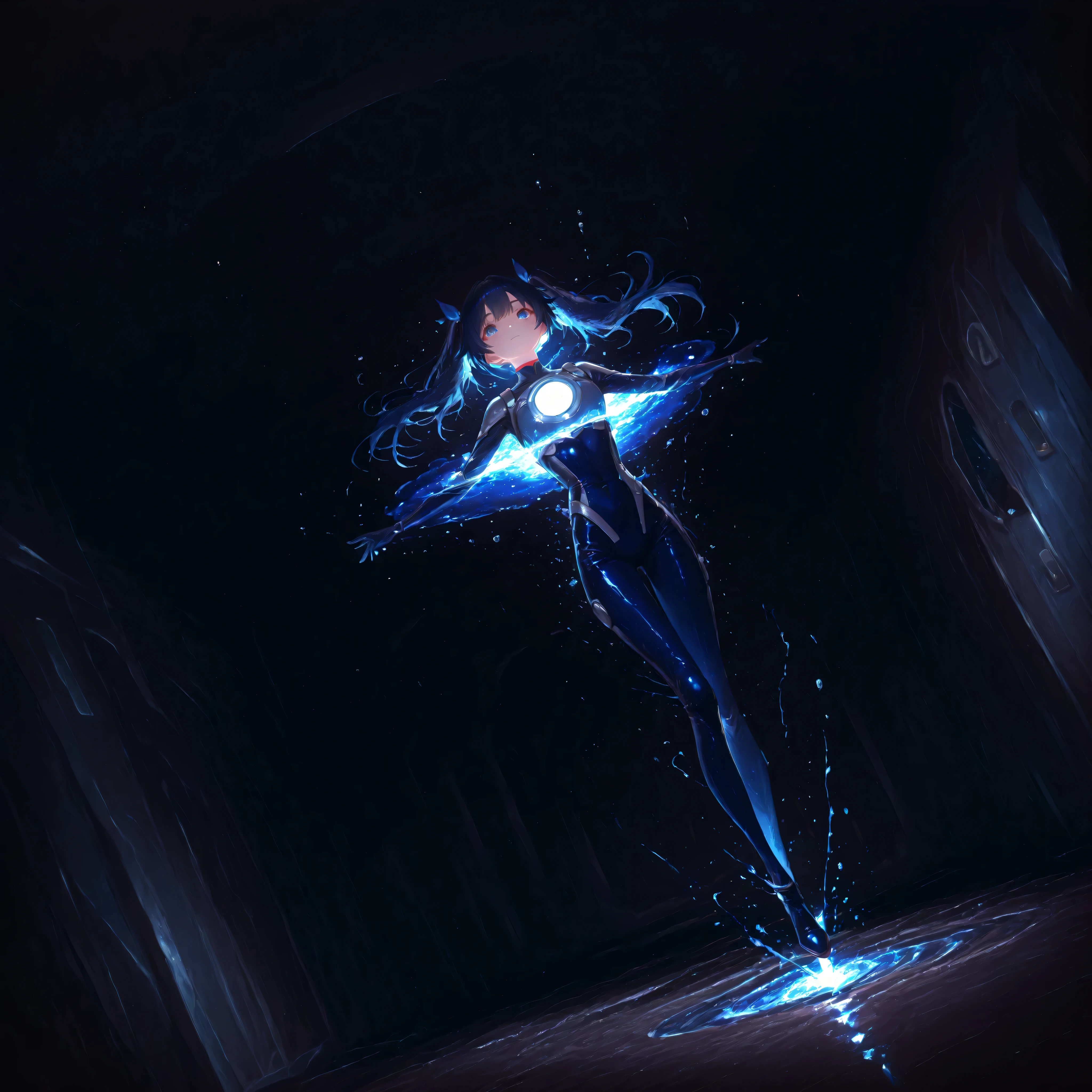 (Inside a shabby spaceship:1.7)、night、(Body floats:1.6)、Wide々A stylish interior、Ruins、Space Suit、Dark Blue Hair、height twin tails、
Active women、score_9,score_8_up,score_7_up,top quality, detailed clothing、femininity（femininity）、dynamic angle、Dynamic Action、 Active Action 