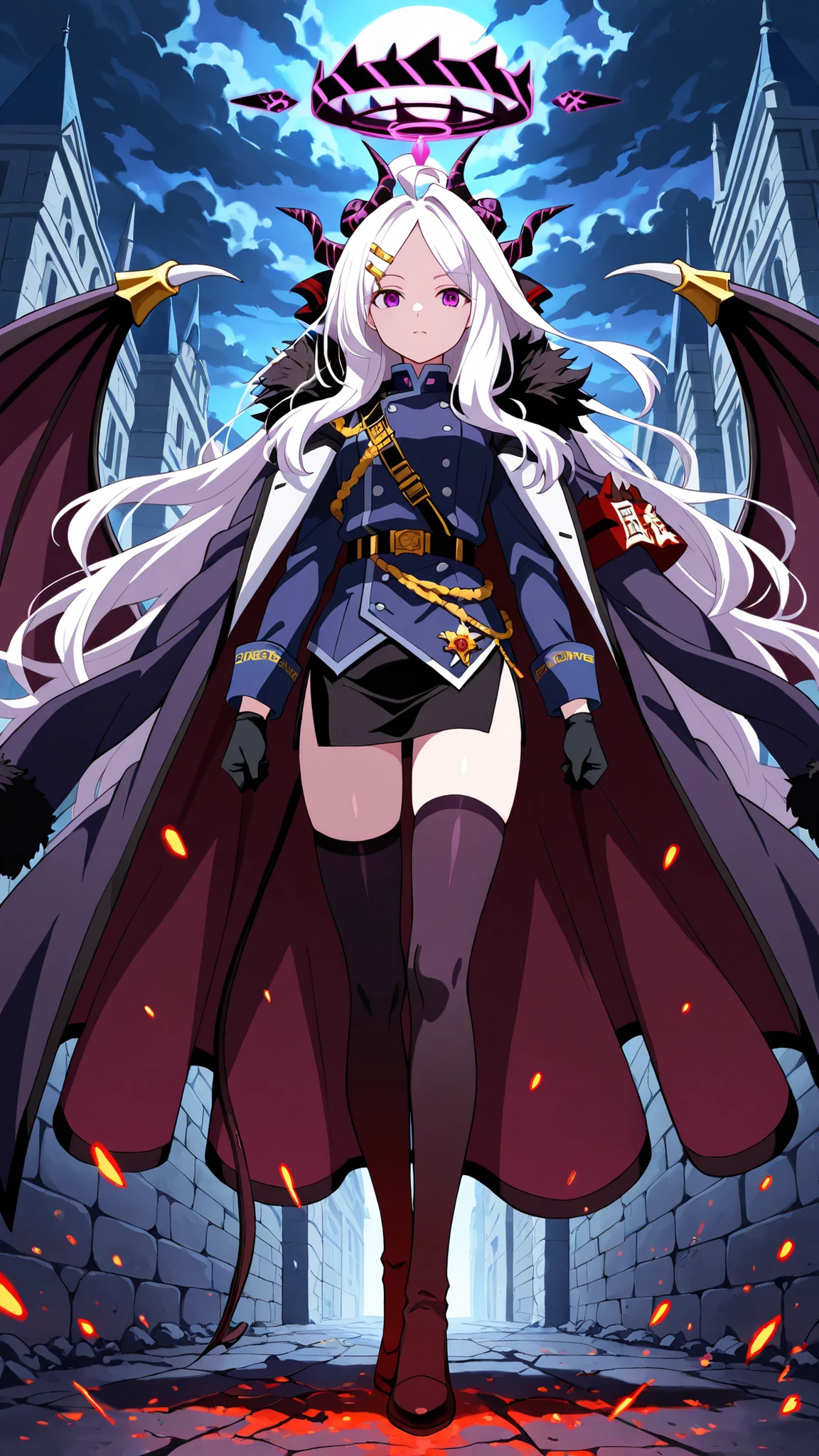 BREAK (masterpiece:1.2), best quality, high resolution, unity 8k wallpaper, (illustration:0.8),ultra-detailed anime-style dark castle, towering black stone walls covered in cracks and ancient carvings, massive spiked battlements disappearing into thick fog, deep shadows filling every arch and window, cold moonlight cutting through the mist with sharp contrast, heavy oppressive atmosphere, intricate gothic architecture, glowing faint runes etched into stone, wet ground reflecting pale light, swirling dark clouds above, subtle red embers drifting in the air, highly realistic textures, extreme contrast perfect for AMOLED, no people, cinematic and haunting, hina sorasaki, purple eyes, white hair, halo, ahoge, parted bangs, long hair, very long hair,armband, black gloves, coat, coat on shoulders, demon horns, demon wings, fur collar, gloves, hair ornament, horns, long coat, military uniform, miniskirt, multiple horns, side slit, thighhighs, uniform, wings, zettai ryouiki,smooth legs, gentle curves,