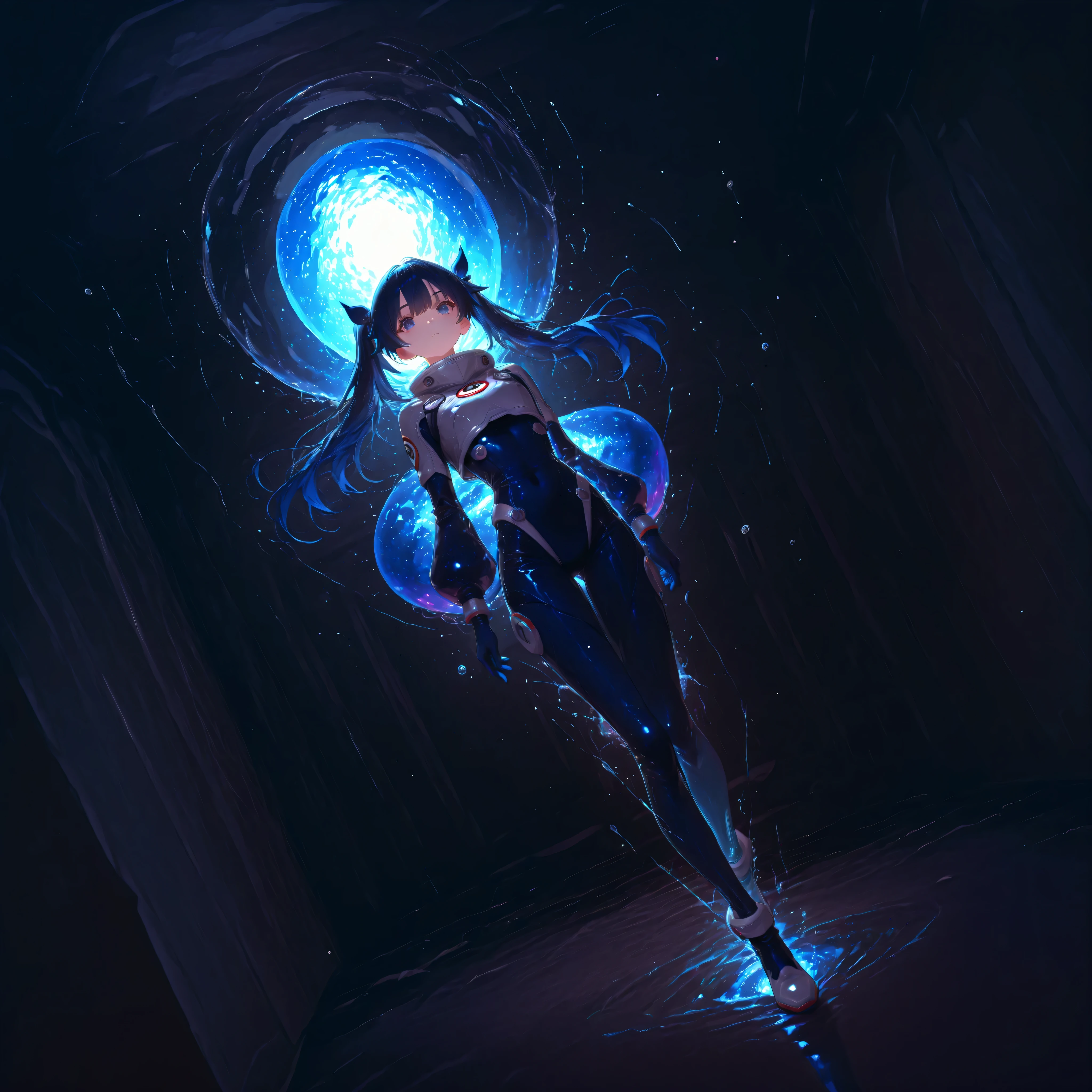 (Inside a shabby spaceship:1.7)、night、(Body floats:1.6)、Wide々A stylish interior、Ruins、Space Suit、Dark Blue Hair、height twin tails、
Active women、score_9,score_8_up,score_7_up,top quality, detailed clothing、femininity（femininity）、dynamic angle、Dynamic Action、 Active Action 