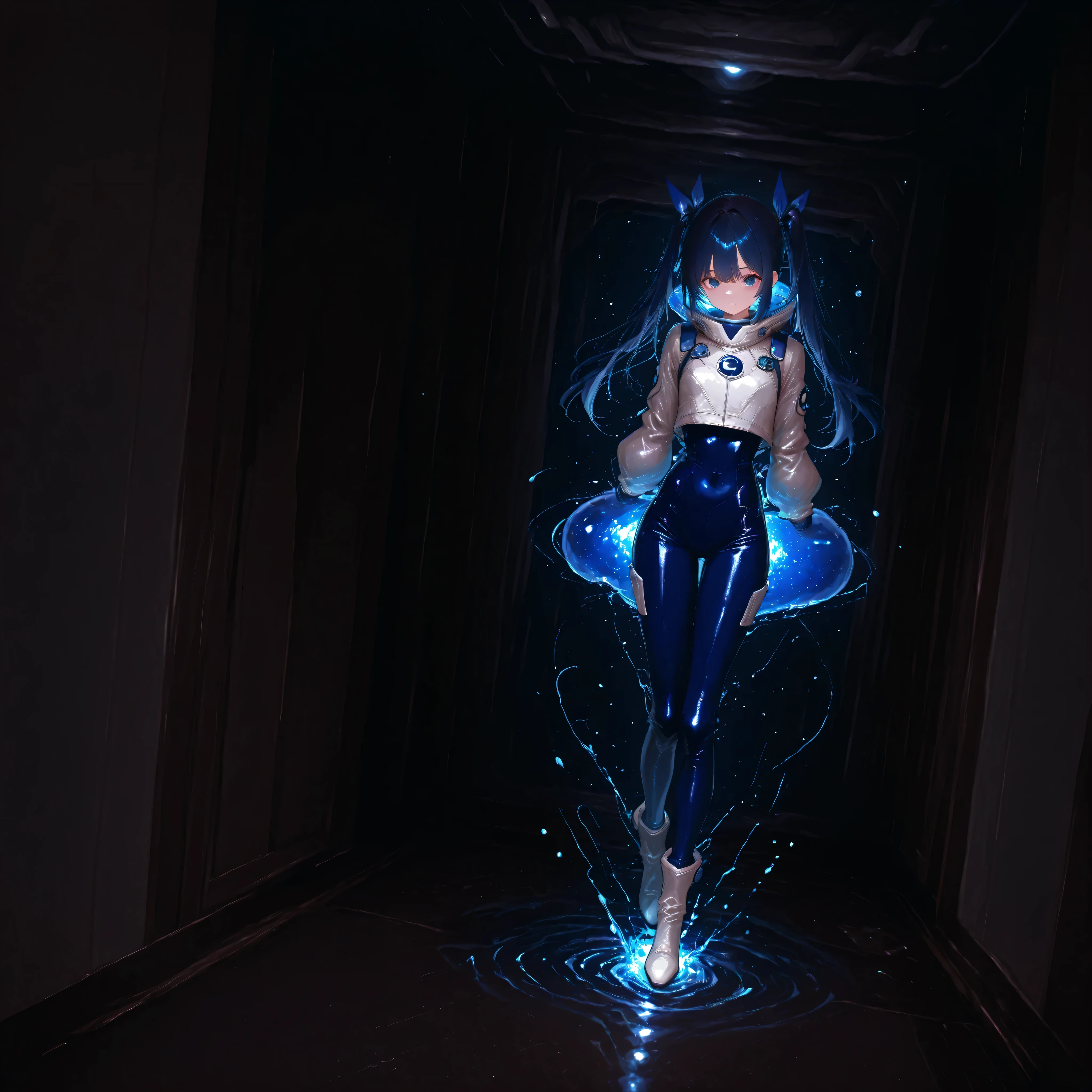 (Inside a shabby spaceship:1.7)、night、(Body floats:1.6)、Wide々A stylish interior、Ruins、Space Suit、Dark Blue Hair、height twin tails、
Active women、score_9,score_8_up,score_7_up,top quality, detailed clothing、femininity（femininity）、dynamic angle、Dynamic Action、 Active Action 