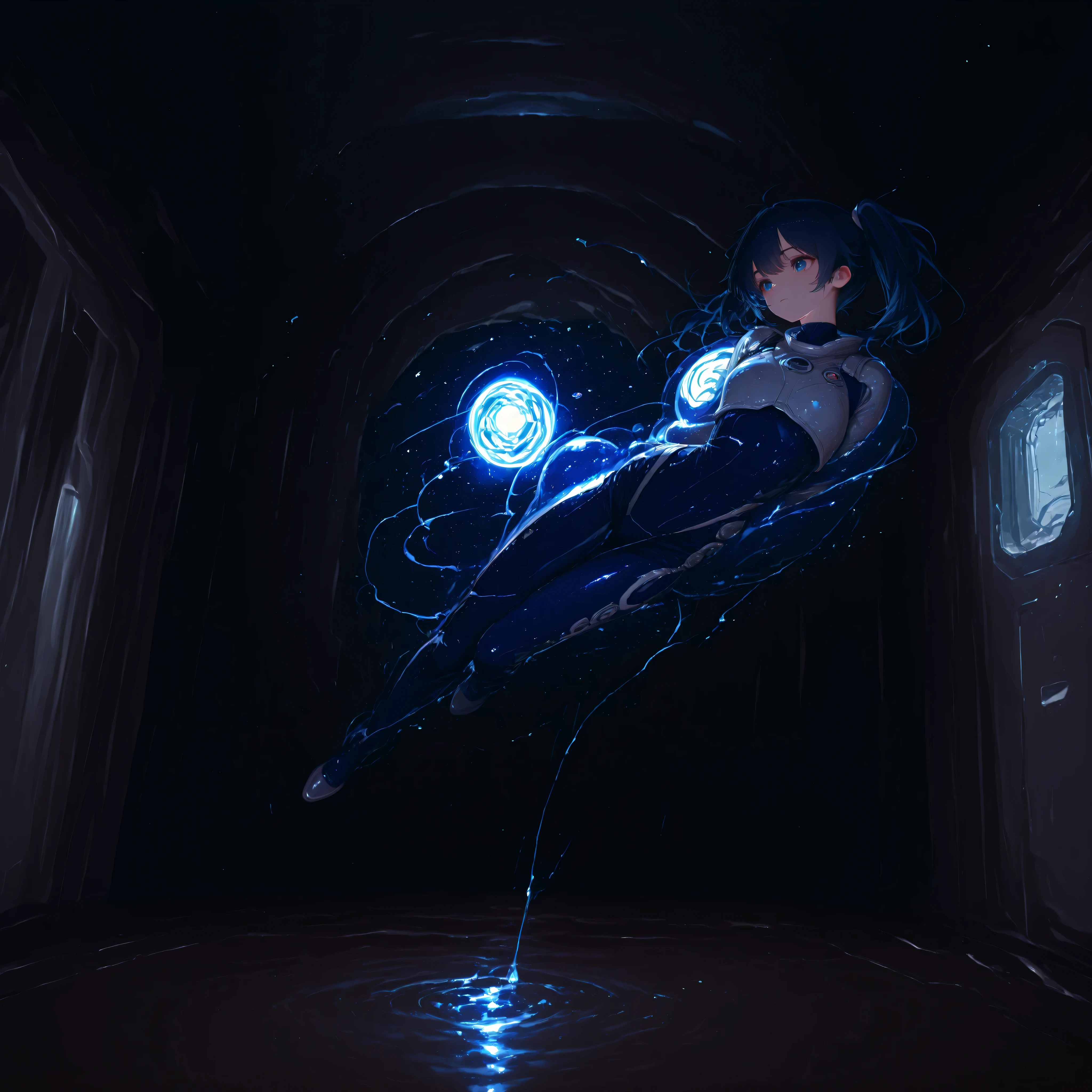(Inside a shabby spaceship:1.7)、night、(Body floats:1.6)、Wide々A stylish interior、Ruins、Space Suit、Dark Blue Hair、height twin tails、
Active women、score_9,score_8_up,score_7_up,top quality, detailed clothing、femininity（femininity）、dynamic angle、Dynamic Action、 Active Action 