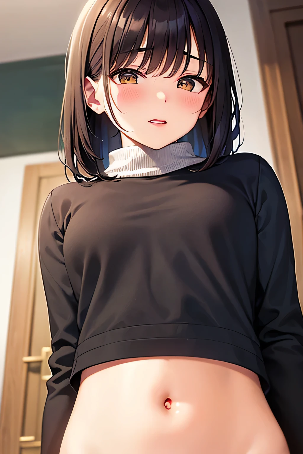 1girl, , , tight shirt, big chest, reaching at the top of a cupboard, shiny skin