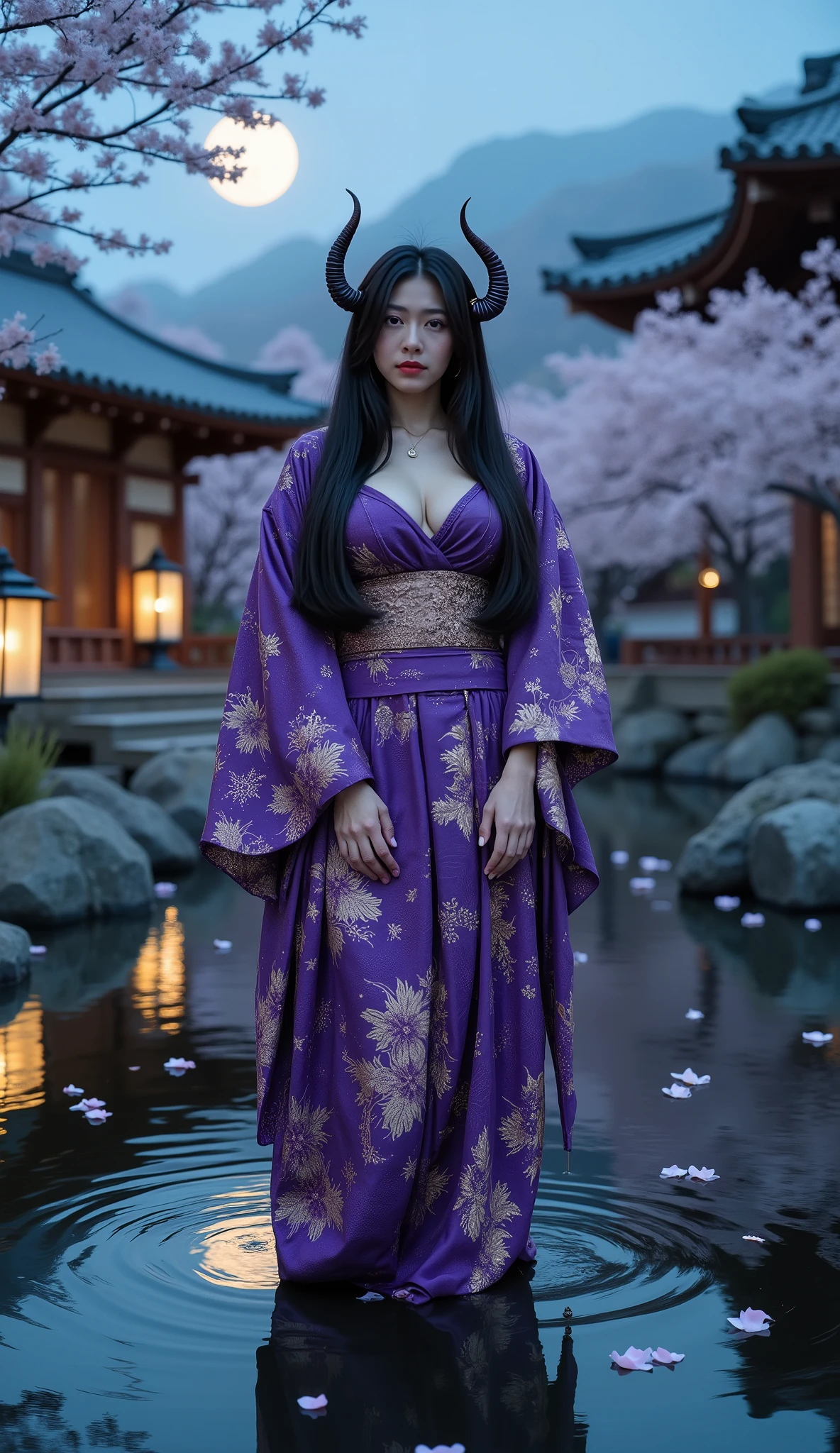 High quality, masterpiece, super high resolution, woman with two small horns, , beautiful woman in kimono, purple kimono, gold thread embroidery, clear skin, long narrow eyes, black hair, long hair, fantastic lighting, pale blue light, lantern, old shrine, night, full moon, fog, elegant pattern, cherry blossom petals, reflection on the water surface, traditional Japanese garden
