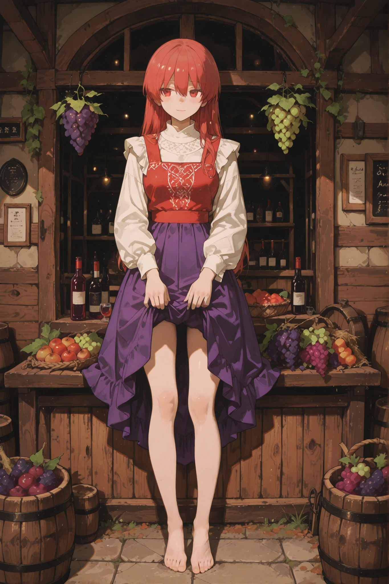 tsukasa_yuzaki, red hair, red eyes, long hair, hair between eyes, bangs,Two beautiful women may include、Through Possible Directional Light Sources from Windows or Overhead Fixtures、A nostalgic analog film documenting traditional grape trampling wine production, on grape-stained ankles and calves、colorful full skirts carefully gathered by hand、Using Feet to Strenuously Squeeze the Harvest in an Authentic Wooden Cellar Setting, attention to authentic environmental details, and、visually celebrate traditional craftsmanship、create authentic process documentation, Artistic details such as、Careful Consideration for Realistic Rendering of the Grape Pressing Process, traditional winemaking tools visible in the background, traditional clothing suited to the woman's region, juice visibly accumulates in wooden barrels, and、women create a powerful sense of movement and cultural tradition While engaging in the discovery movement, traditional clothing for women, carefully capturing expressive human movements、reminiscent of early cultural documents, traditional blouse, lifting a colorful traditional costume skirt in your hand, atmospheric lighting that creates an immersive historical context, and、through balanced framing、surround wine barrels at various stages of aging、Technical Approaches Using Intentional Film Grain Structures, Regional decorative elements may have been applied Traditional Blouses、create a warm ambient atmosphere、Lights illuminating the scene at golden hour 8k, realistic on pho, Scenery of an Italian wine farmer stepping on grapes、Two beautiful Italian women rolling up long skirts with their hands are stepping on lots of grapes with their feet in a large wooden tub。traditional grape trampling costume、((rolling up a skirt with both hands。Show your thighs barefoot )) smiling happily 。from above