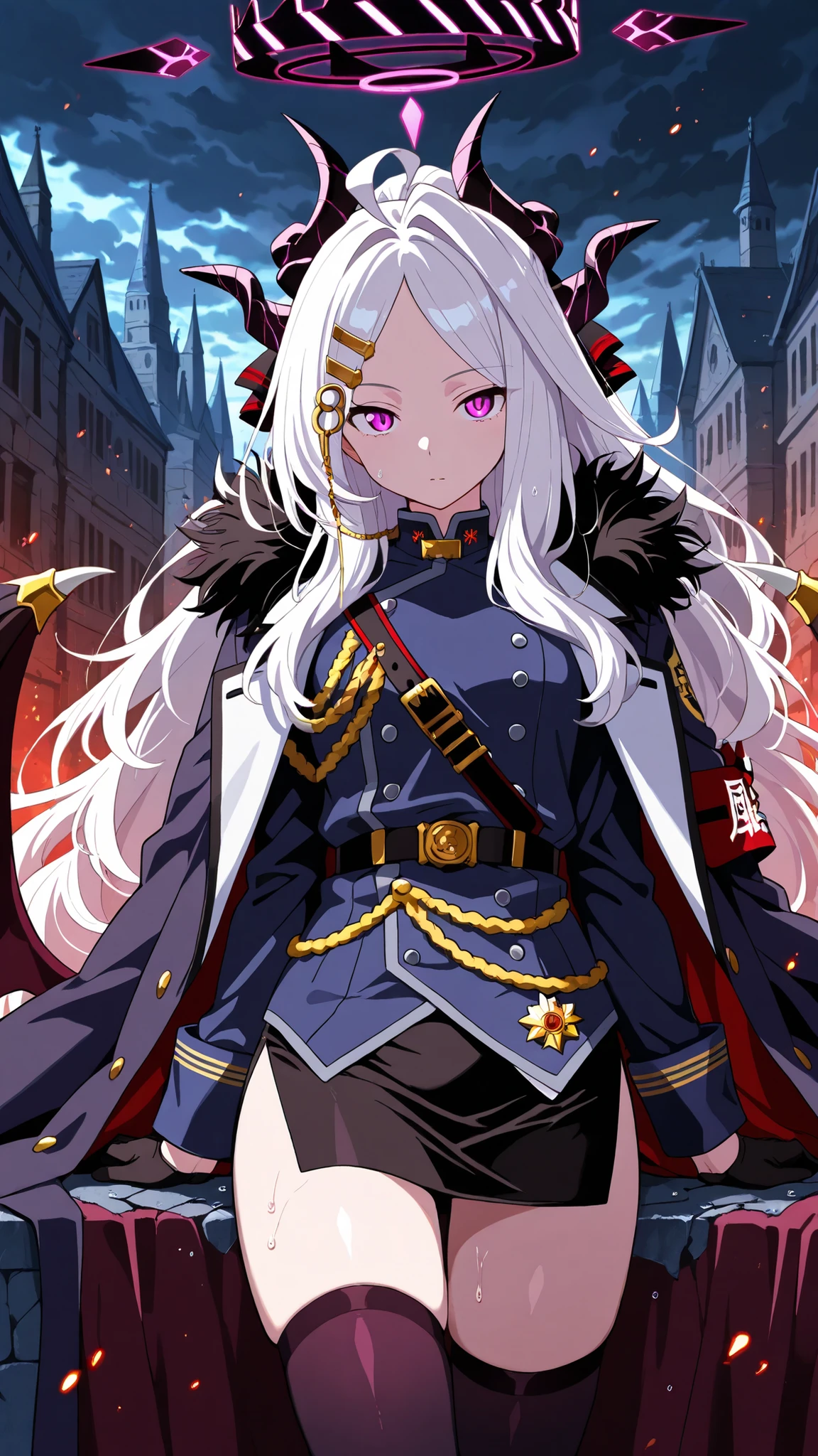 BREAK (masterpiece:1.2), best quality, high resolution, unity 8k wallpaper, (illustration:0.8),ultra-detailed anime-style dark castle, towering black stone walls covered in cracks and ancient carvings, massive spiked battlements disappearing into thick fog, deep shadows filling every arch and window, cold moonlight cutting through the mist with sharp contrast, heavy oppressive atmosphere, intricate gothic architecture, glowing faint runes etched into stone, wet ground reflecting pale light, swirling dark clouds above, subtle red embers drifting in the air, highly realistic textures, extreme contrast perfect for AMOLED, no people, cinematic and haunting, hina sorasaki, purple eyes, white hair, halo, ahoge, parted bangs, long hair, very long hair,armband, black gloves, coat, coat on shoulders, demon horns, demon wings, fur collar, gloves, hair ornament, horns, long coat, military uniform, miniskirt, multiple horns, side slit, thighhighs, uniform, wings, zettai ryouiki,smooth legs, gentle curves,standing near wall,cowboy shot,looking at viewer,side shot,leaning back on wall